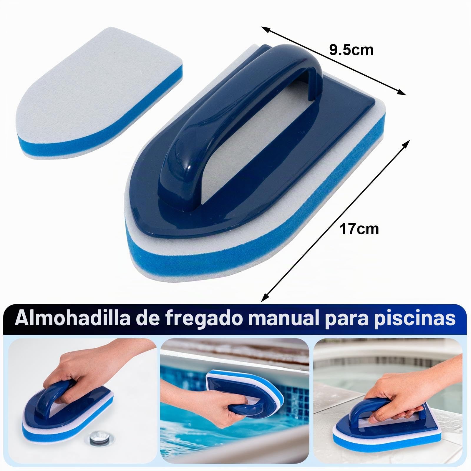 POOLAZA Kit de Limpieza para Piscina y SPA, 4 Piezas, Pértiga de Aluminio | Malla Fina para Residuos Pequeños, Cepillo de Cerdas Onduladas, Estropajo para Línea de Flotación, Pértiga de 91,5 cm
