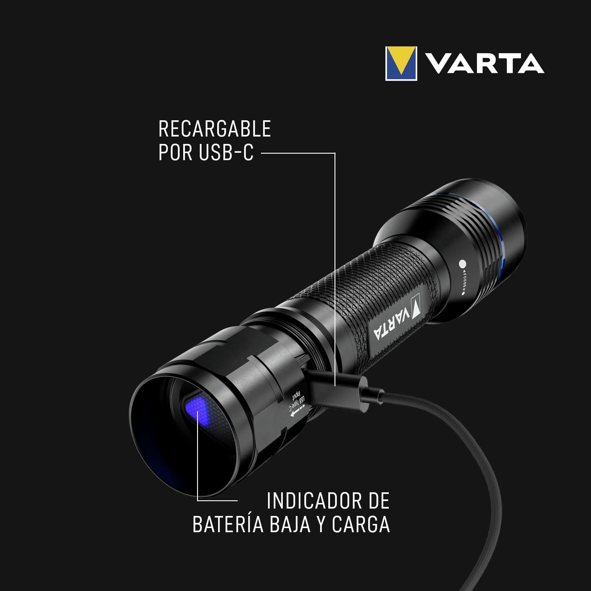 VARTA Linterna Táctica LED recargable, Night Cutter Pro F20R tactical, para exteriores y hogar, 1000 Lúmenes, resistente al agua IP67, aluminio de aviación, enfoque preciso y cordón