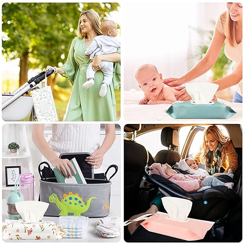 Miniatura 20 de FEBSNOW Paquete de 4 dispensadores de toallitas para bebé, soporte portátil recargable, contenedor de toallitas para bebés, dispensador