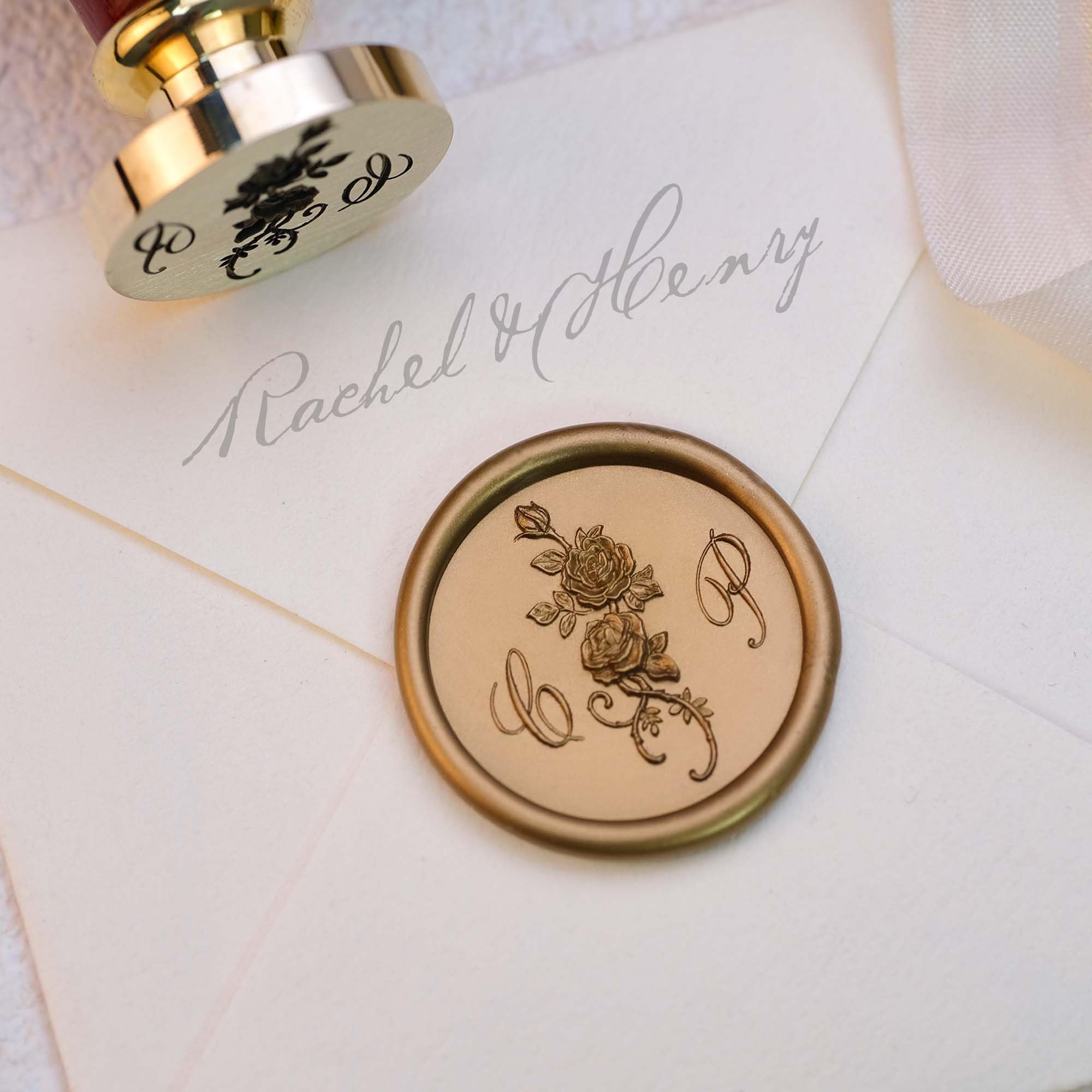 Personalised Embossed Wax Seal Stamp with Monogram & Rose Design – Deep Engraved Brass Head, Includes Handle, Custom Wax Seal for Wedding Invitations, Envelopes, Letters & DIY Crafts