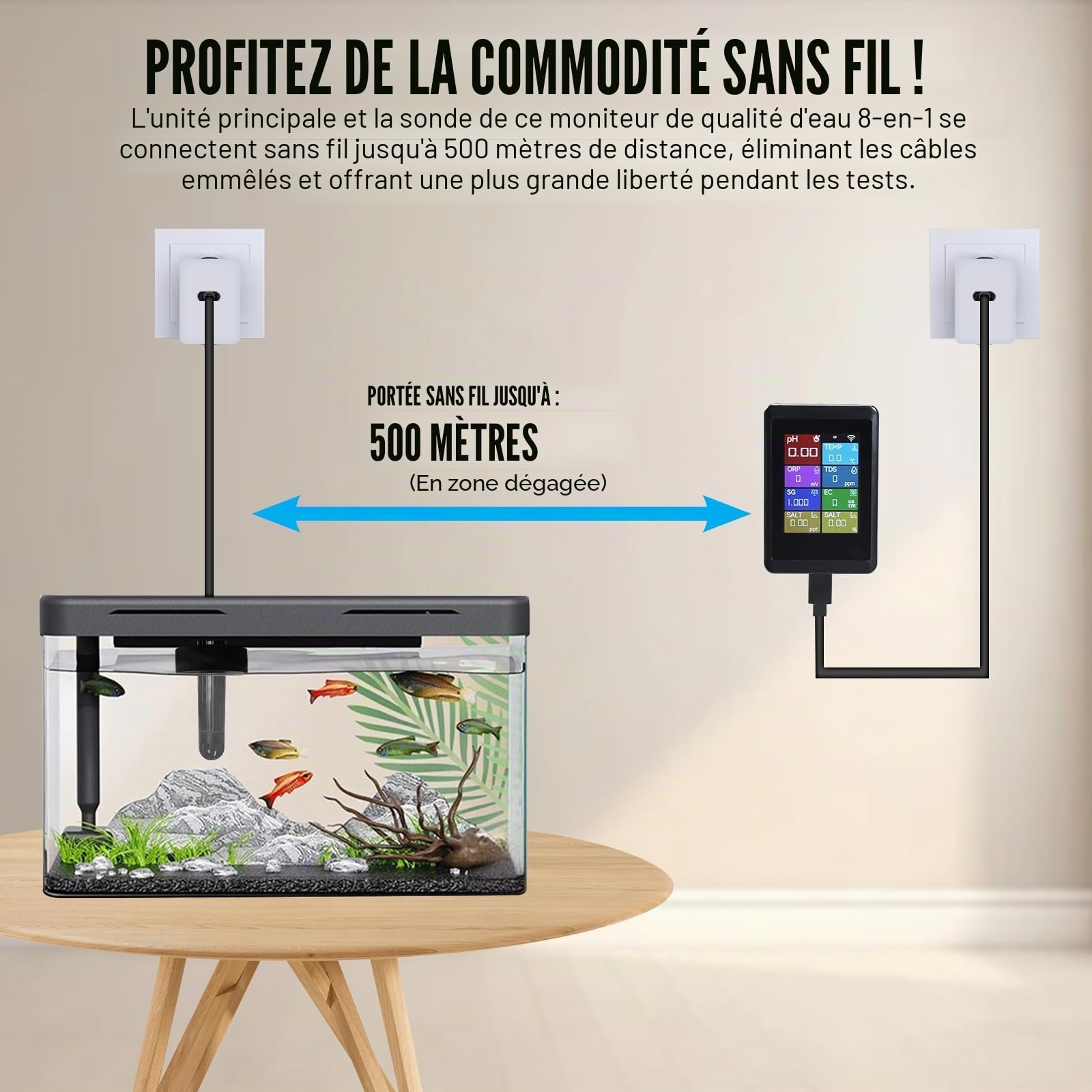 TEKCOPLUS Moniteur de pH Numérique WiFi 8-en-1 pour la Qualité de l'Eau avec Sonde pour Aquariums, Hydroponie, Piscines, Étangs, Laboratoires Mesure pH, Température, TDS, EC, Salinité, ORP, SG