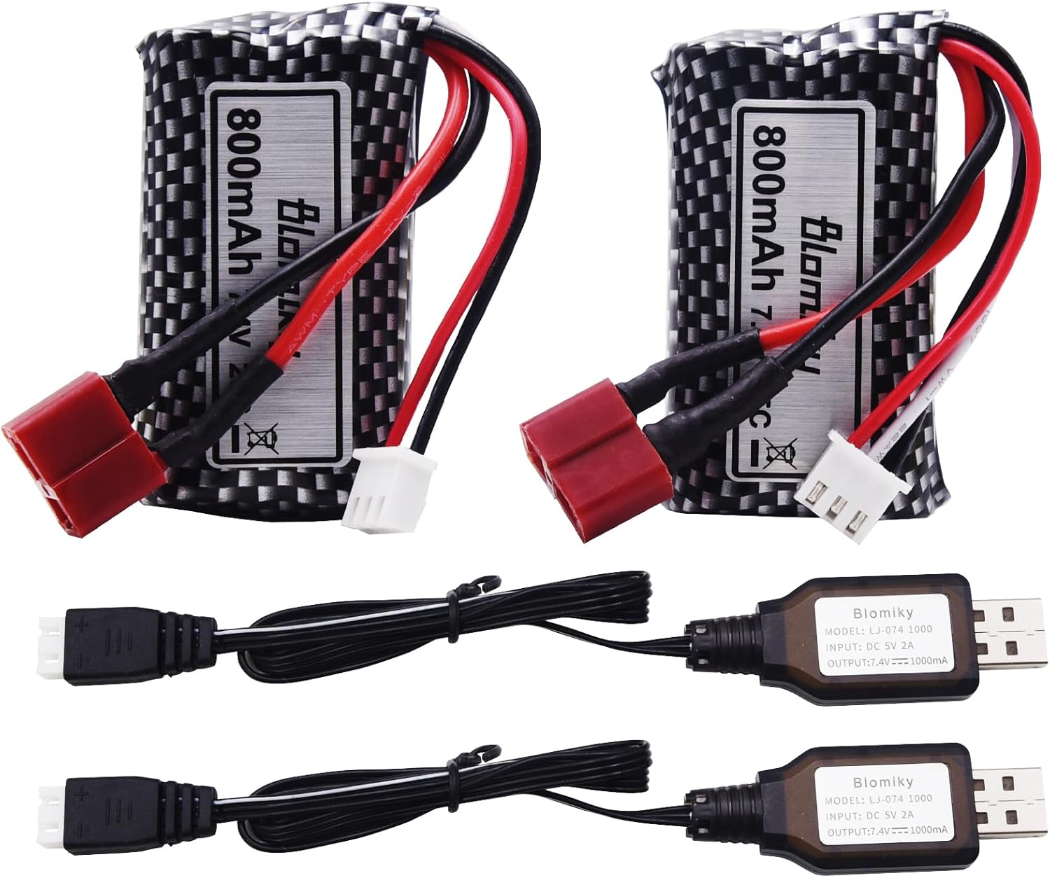 Blomiky 2 Pack 7.4V 800mAh 2S Li-ion 15C Battery with T Plug and USB Cable Compatible with BEZGAR 5 HM162 HM161 and 9145 1:20 Remote Control Truck RC Cars HBX X03 RC Boat / 9135 Pro Battery T 2