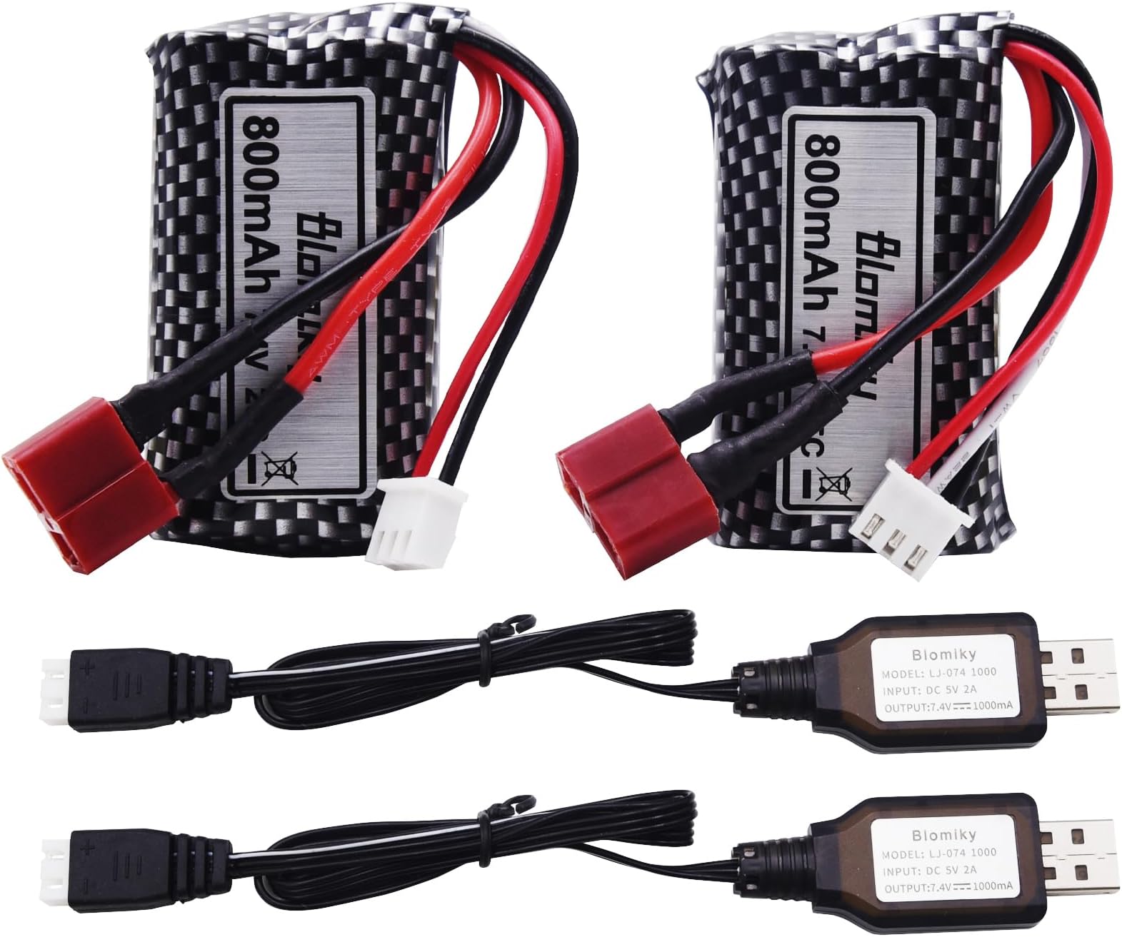 2 Pack 7.4V 800mAh 2S Li-ion 15C Battery with T Plug and USB Cable Compatible with BEZGAR 5 HM162 HM161 and 9145 1:20 Remote Control Truck RC Cars HBX X03 RC Boat / 9135 Pro Battery T 2