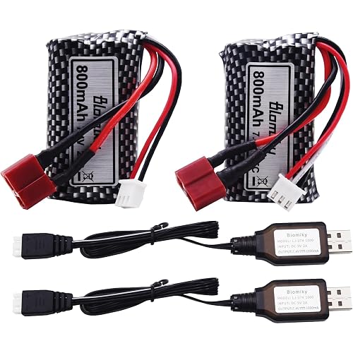 Blomiky 2 Pack 7.4V 800mAh 2S Li-ion 15C Battery with T Plug and USB Cable Compatible with BEZGAR 5 HM162 HM161 and 9145 1:20 Remote Control Truck RC Cars HBX X03 RC Boat / 9135 Pro Battery T 2