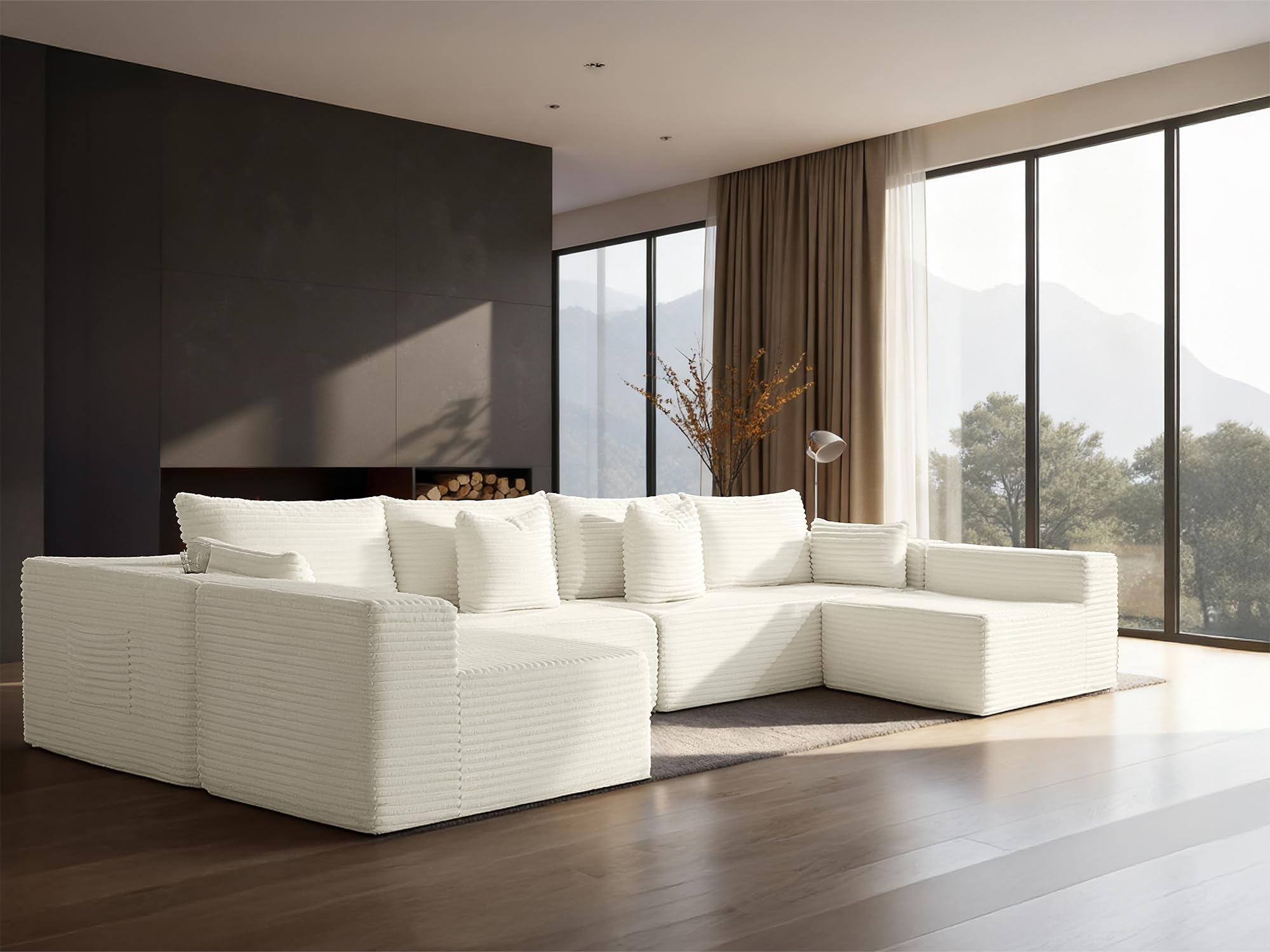138" Cloud Sectional Couch, Comfort U Shaped Sofa for Living Room, Extra Deep Seats No Assembly, Minimalist Modular Couch, Corduroy (Cream, 6 Seats,U-Shape B)