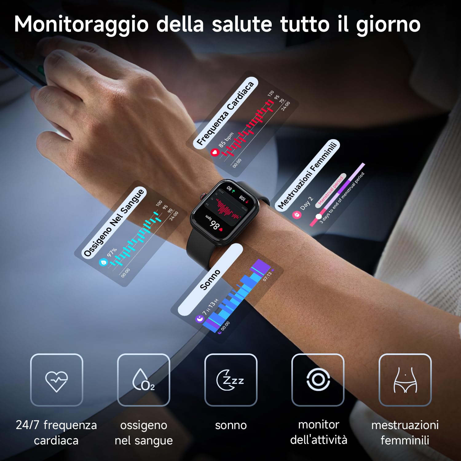 WMK Smartwatch Uom Orologio Fitness con Rispondere/effettuare Chiamate Cardiofrequenzimetro Sonno Alexa SpO2 Contapassi-IP68 Smart watch donna con 110+ Sportive calorie Giochi per iOS Android(Nero)