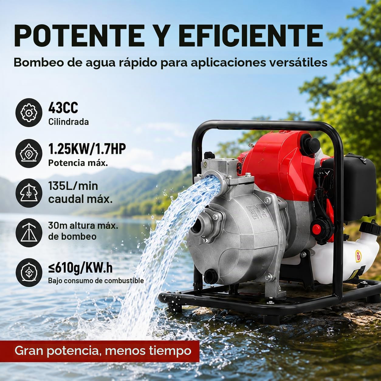 Bomba de agua de gasolina de 2 tiempos 43CC con 135 L/min (plata, rojo, negro) | Caudal y altura de extracción de 30 m, portátil para riego de jardín, piscina, estanque y agricultura