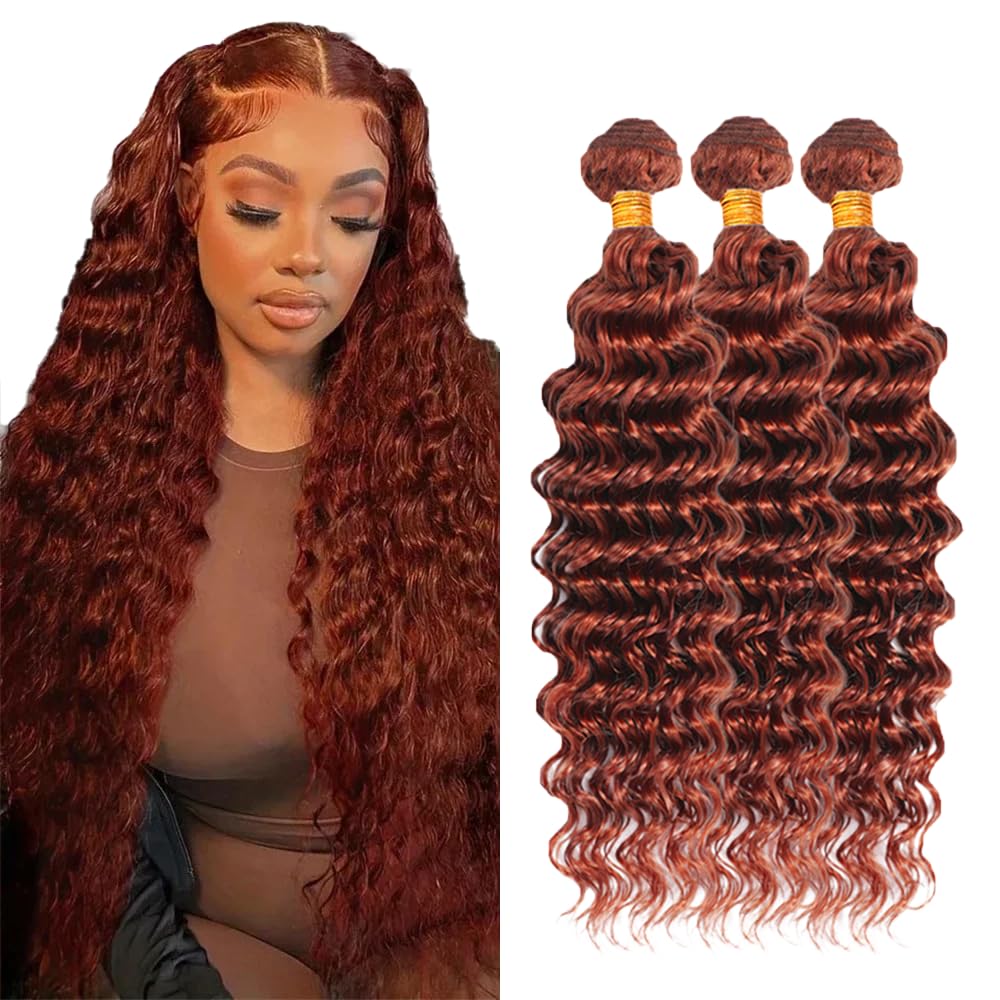 Photo 1 of Huxowax #33 Reddish Brown Deep Wave Human Hair Extensions 24 26 28 Inch Doubles Weft Weave 3 Bundles Total 300g Unprocessed Human Hair Bundles Copper Red Color
