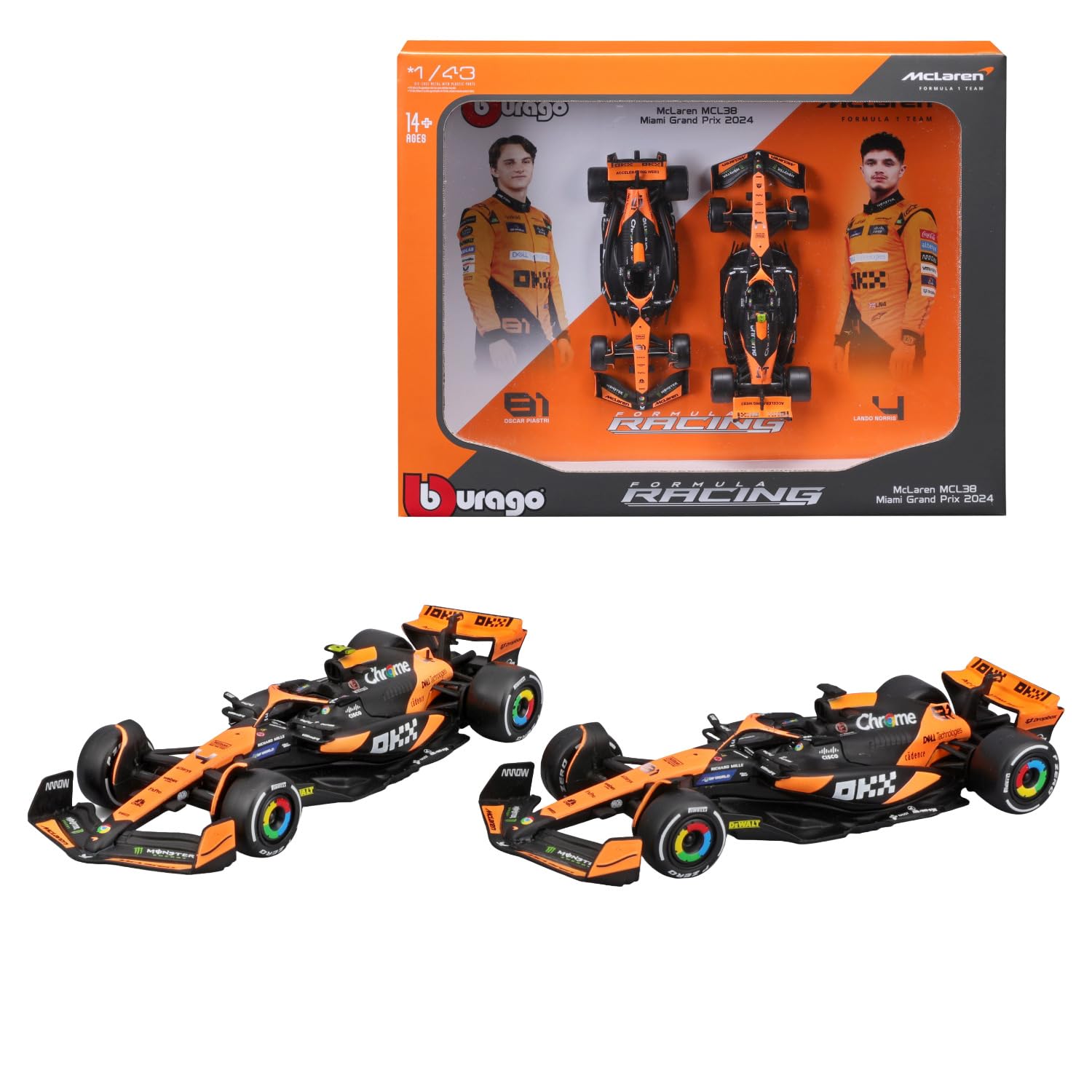 Bburago F1 Formula MCLAREN MCL38 (2024) - NORRIS AND PIASTRI 2 Pack -1:43 Scale - Incredibly Detailed Die-Cast Replica Collectible Race Car Models, Multiple Colours