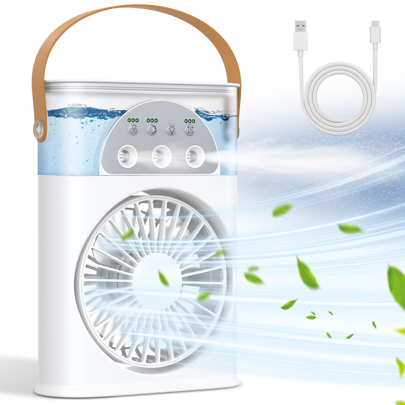 Portable Air Conditioner Cooling Fan, Rechargeable Mini Evaporative Personal Air Cooler Fan with 3 Speeds and 2 Spray, 1/2/3H Timer, 7 Night Light, for Room Bedroom, Office, Desk image 2
