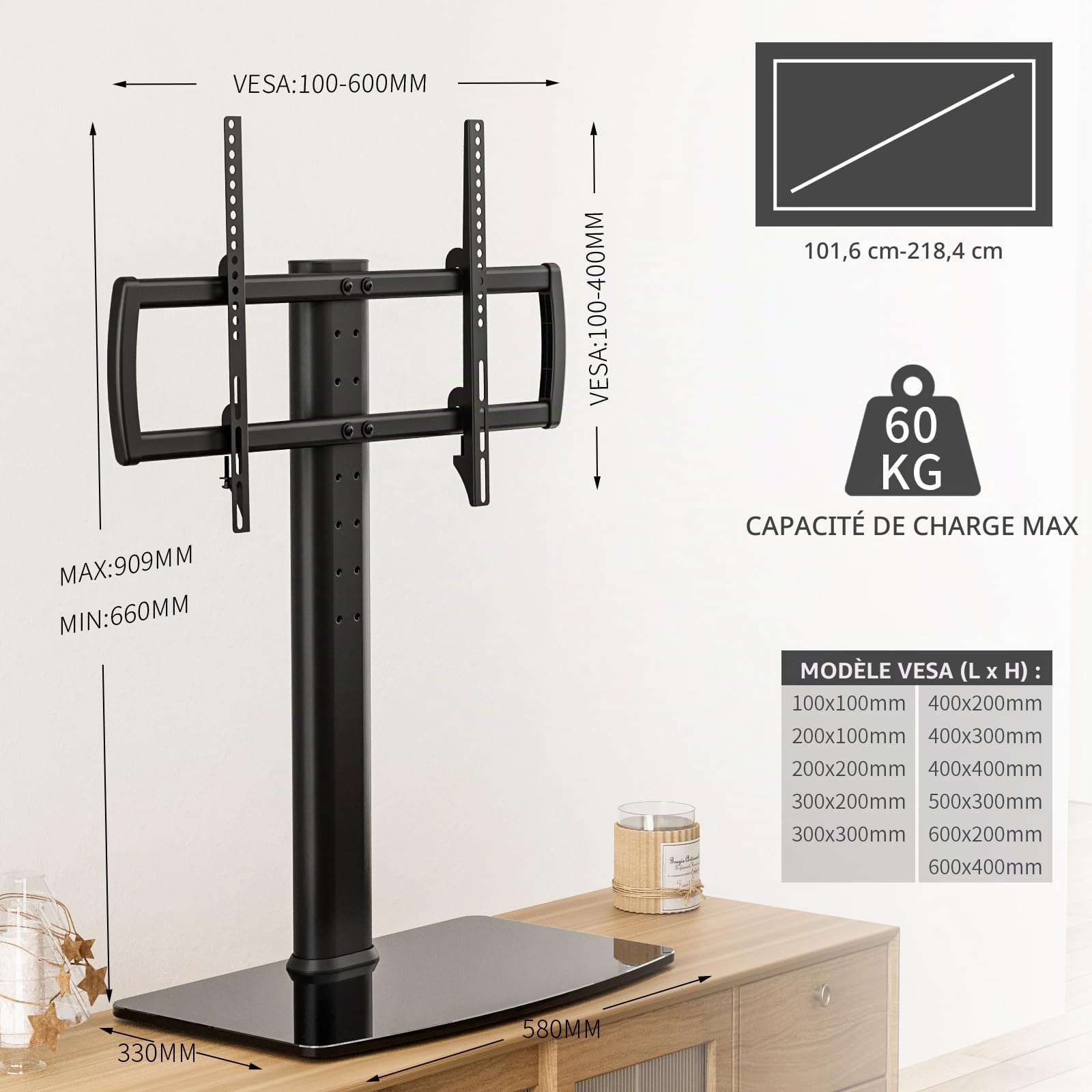 Meuble Support TV, Réglage en Hauteur pour Téléviseur LCD de 40 à 86 Pouce Ecran LED Plasma