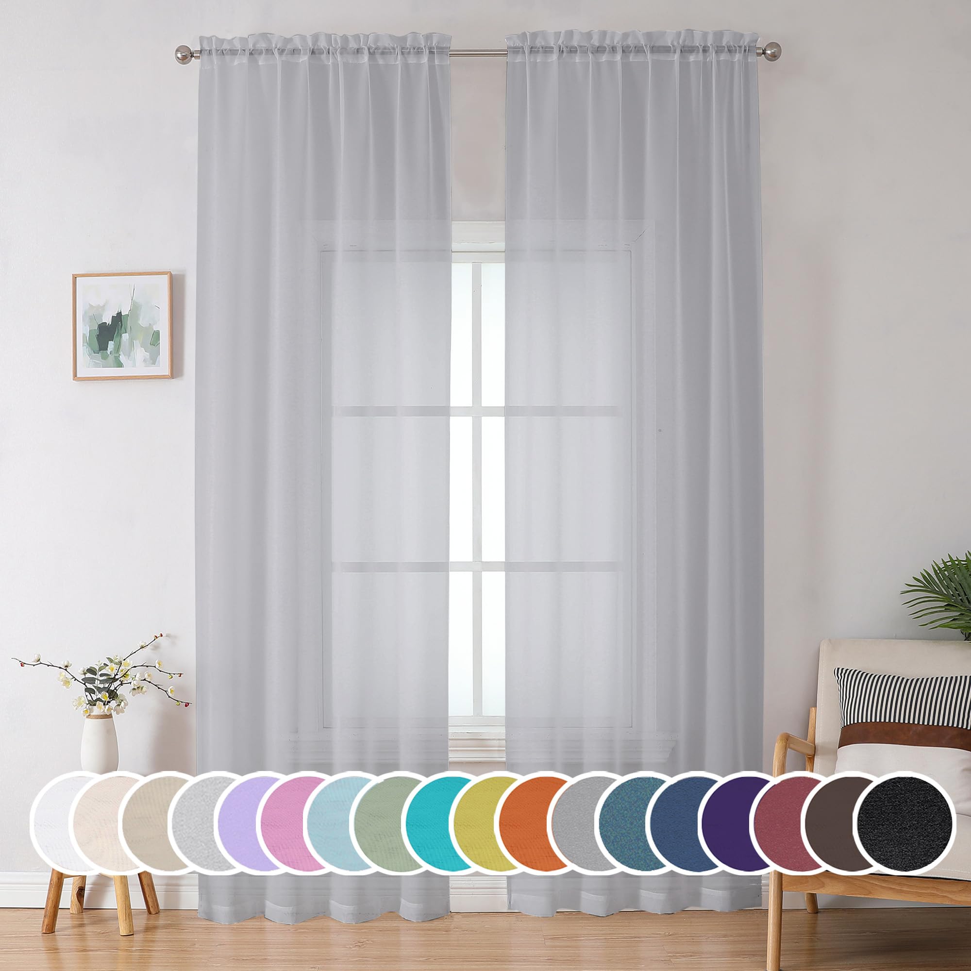 Light Grey Sheer Curtains 90 Inches Long for Living Room 2 Panels Set, Soft Solid Living Room Sheer Curtains for Bedroom, Rod Pocket Light Filtering Farmhouse Curtains, 42" Wx90 L