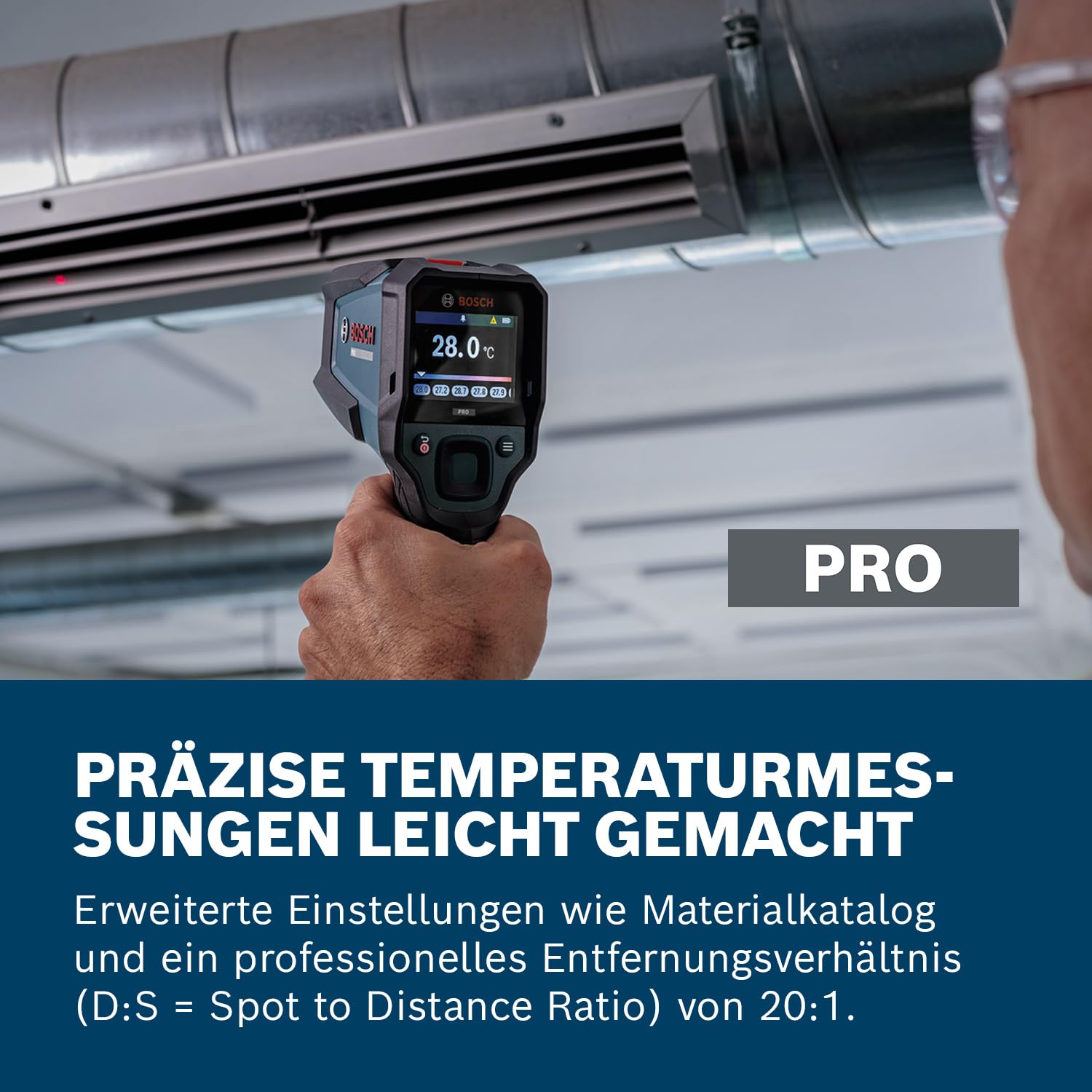 Bosch PRO GIS12V‑700‑14 Infrarot‑Thermometer, großes Grafik‑Display, IP54, 2 m Sturzschutz, Dual‑Power, inkl. Batterieadapter & AA‑Batterien – präzise Temperaturmessung im Profi‑Bereich