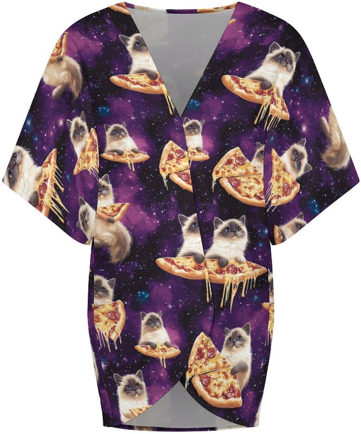 Cute Kitten Cat Pizza Print Women's Open Front Cardigan Short Sleeves Jacket Lightweight Sweaters Tops