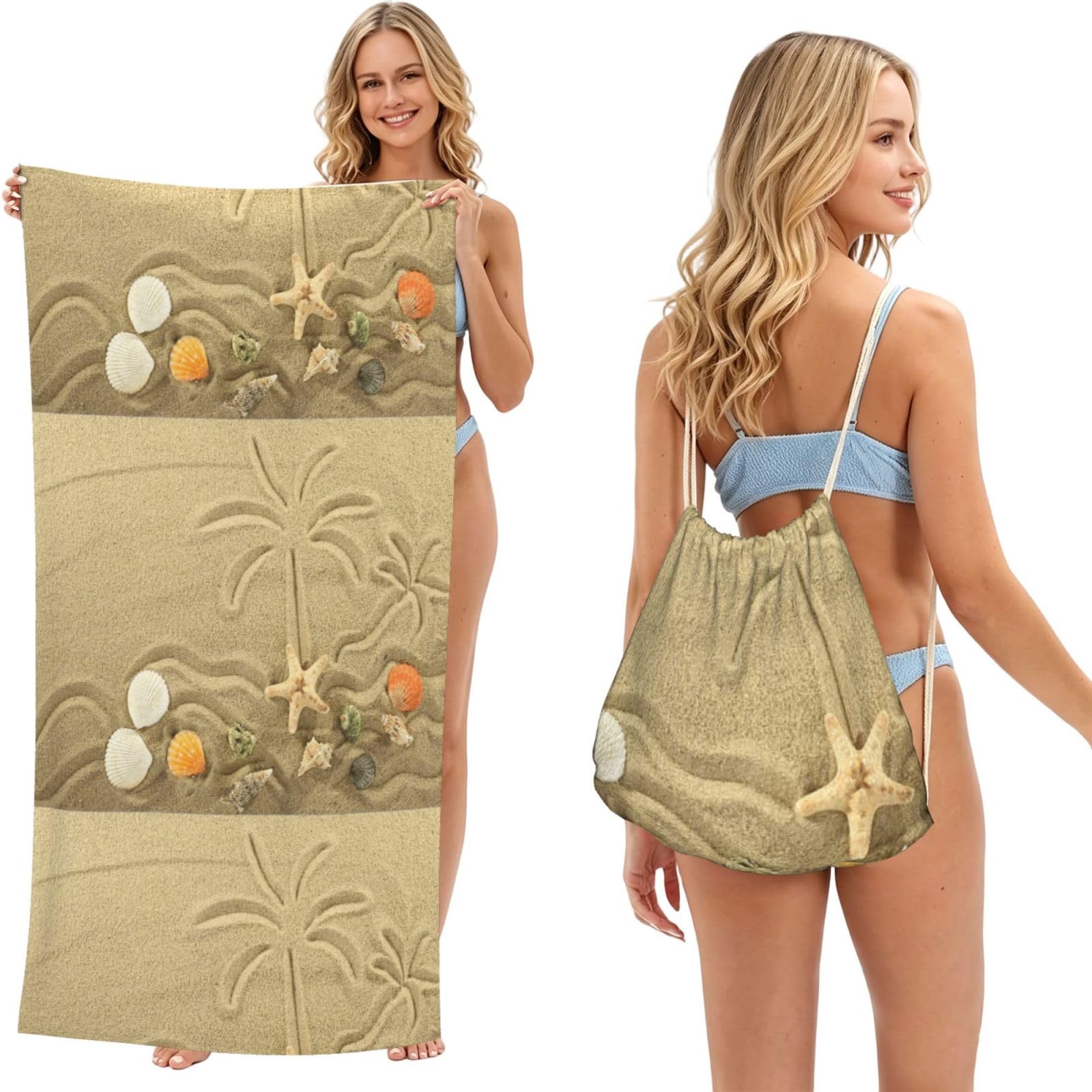 Poadnly As Picture Beach And Palm Trees, 2 In 1 Packable Towel Bag, Beach Towels With Drawstring Backpack For Travel Holiday Camping
