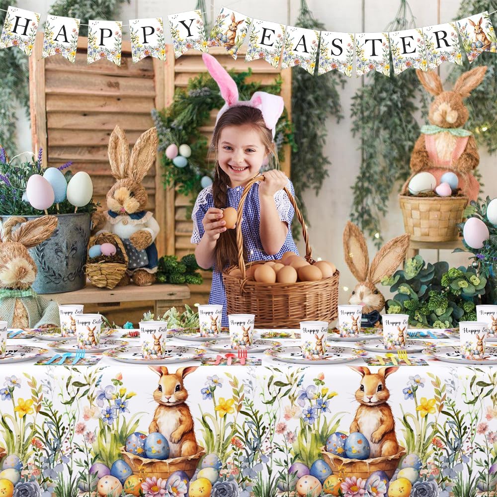 AIBIIN Easter Party Supplies, Happy Easter Party Tableware Set, Happy Easter Banner, Bunny Paper Plates Napkins Cups for Easter Spring Party Decorations