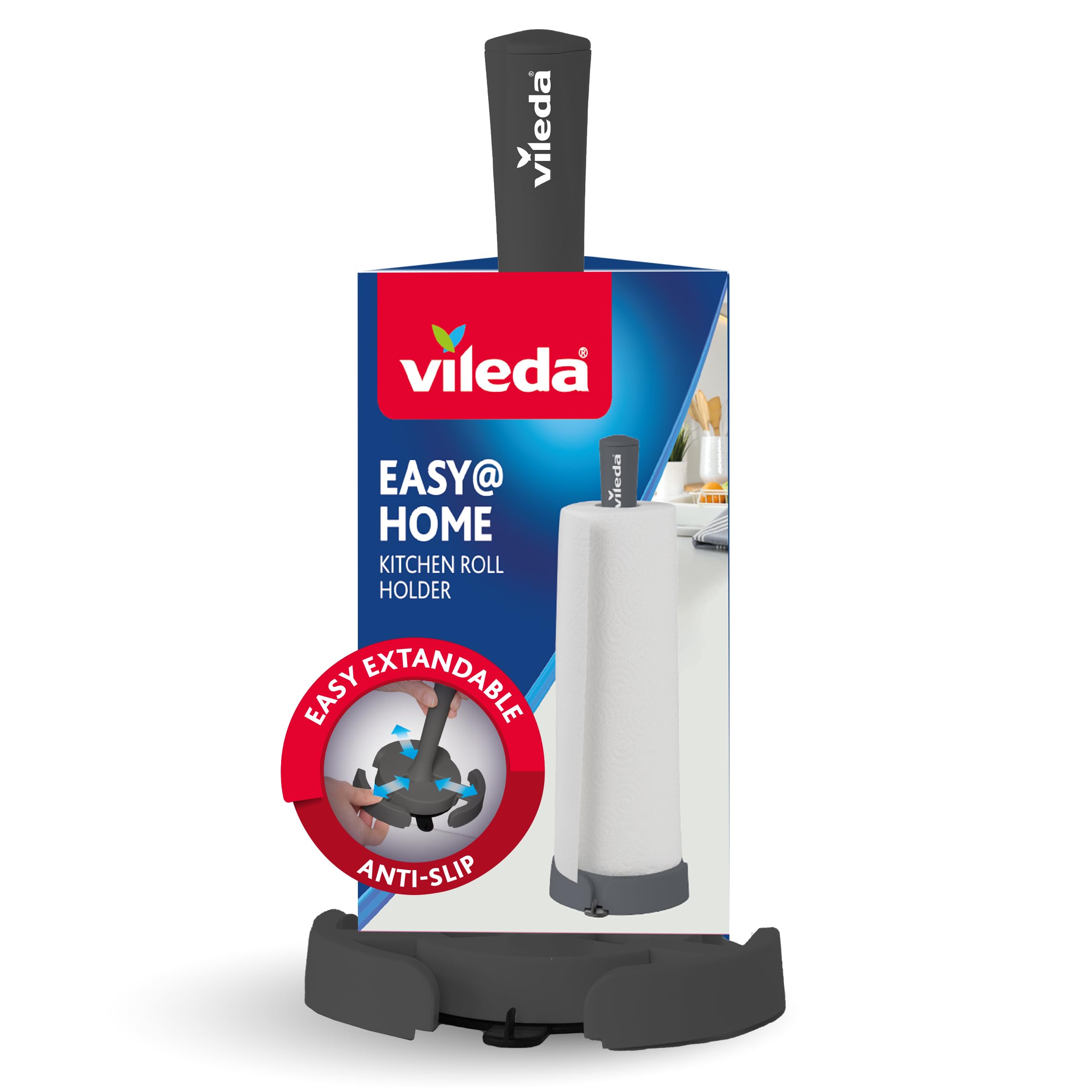 Vileda Standing Kitchen Roll Holder with Roll Stopper – Easy One-Handed Tearing – Strong Suction Cup Base for Maximum Stability – Extendable for Standard and XXL Rolls – Matte Black