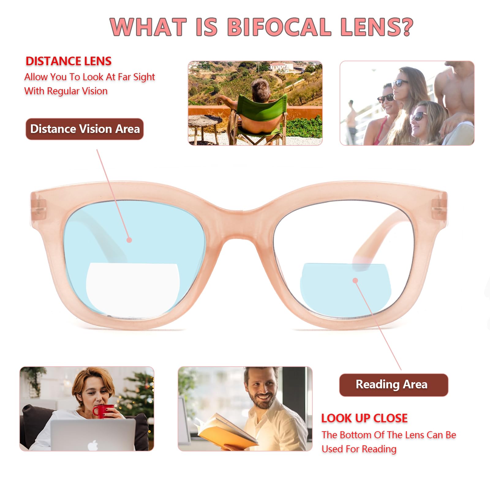 Henotin 4 Pack Bifocal Reading Glasses include Sun Readers for Women Oprah Style Square Blue Light Blocking Eyeglasses (Mix Color, 2.00, x)