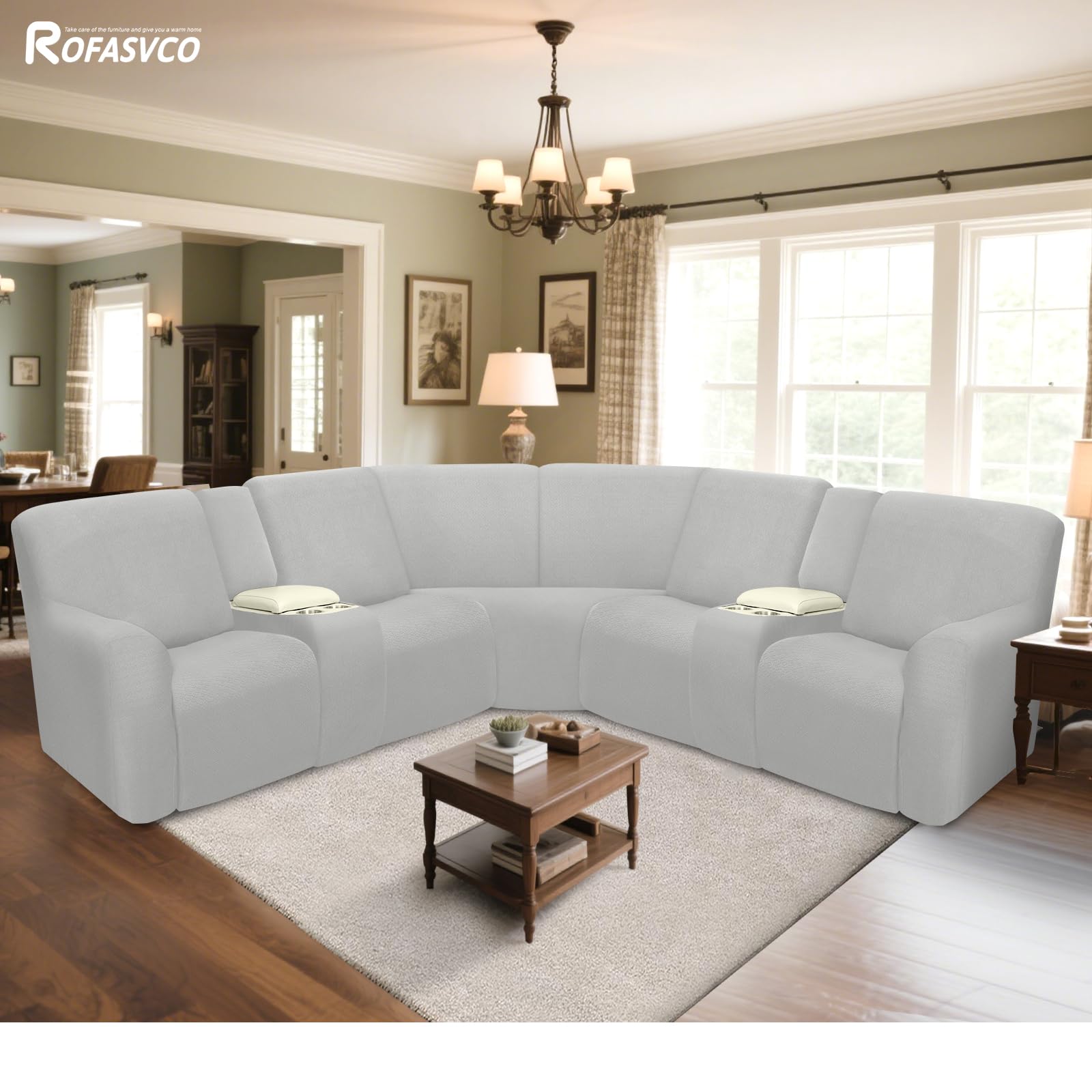 ROFASVCO Reclining Sectional Couch Covers L Shape Waterproof Washable Recliner Sofa Cover for L Shaped Sectional Super Stretch Soft Corner Recliner Slipcovers (5 Seater 2 Console Cover, Silver Gray)