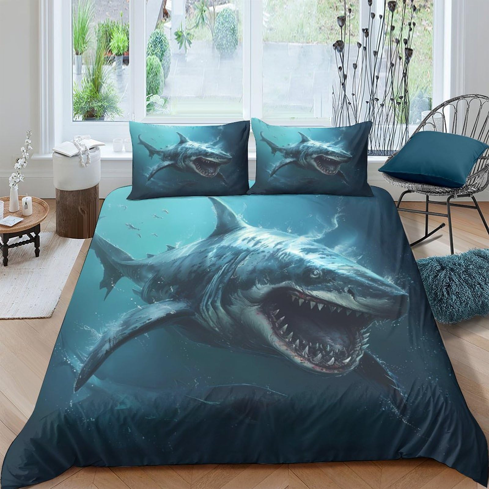 Ctjqhvkz Style-6 3D Printed Shark Ocean Fitted Sheet Microfiber Soft Blue Bedroom Decor Mattress Cover For Home Dorm Guest Room Single（135X200cm）