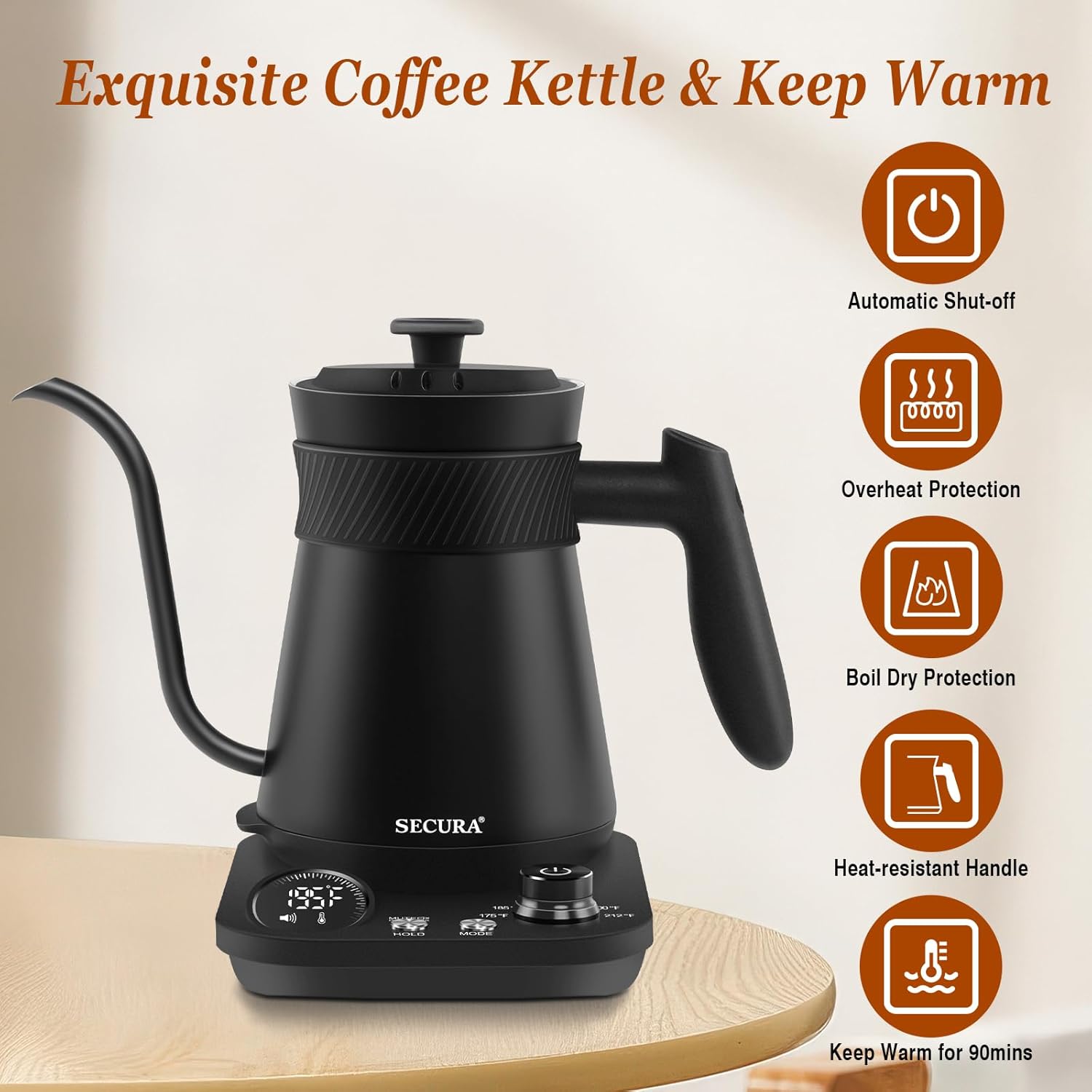 Secura Electric Gooseneck Kettle with safety icons