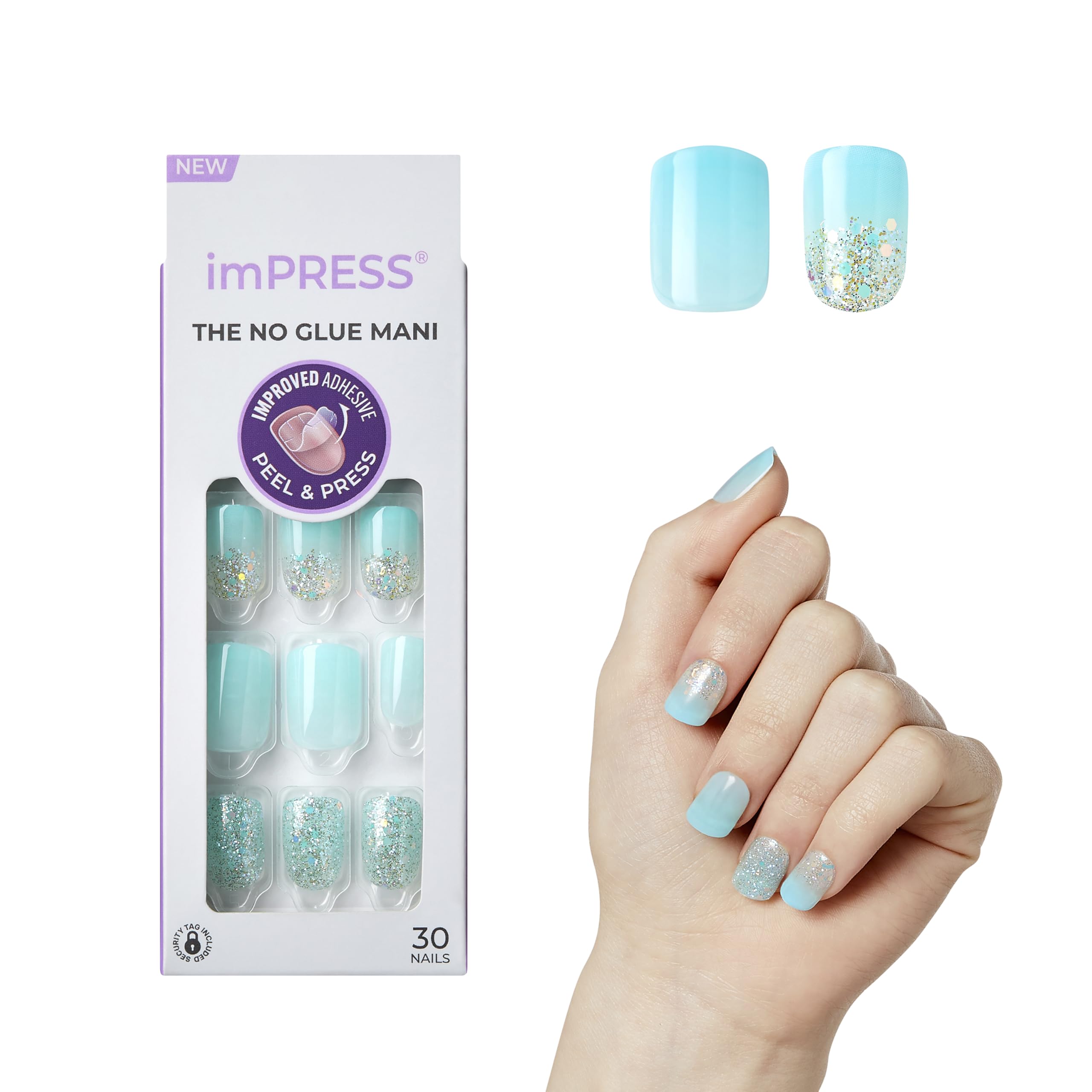 KISS imPRESS No Glue Mani Press On Nails, Design, 'Eternity', Medium Blue, Short Size, Squoval Shape, Includes 30 Nails, Prep Pad, Instructions Sheet, 1 Manicure Stick, 1 Mini File