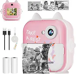 Basike Câmera Infantil Digital e Instantânea 20MP 1080P, Tela 2,4" IPS, Zoom 6X, Impressão Térmica 200 dpi, Vídeo, Time-Lapse, Jogos Educativos, Portátil com Papel de Impressão – Rosa