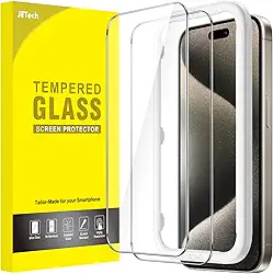 JETech Película de Vidro Temperado para iPhone 15 Pro Max 6,7 Polegadas, Protetor de Tela com Ferramenta, Compatível com Capa, HD Claro, Pacote de 2 Unidades