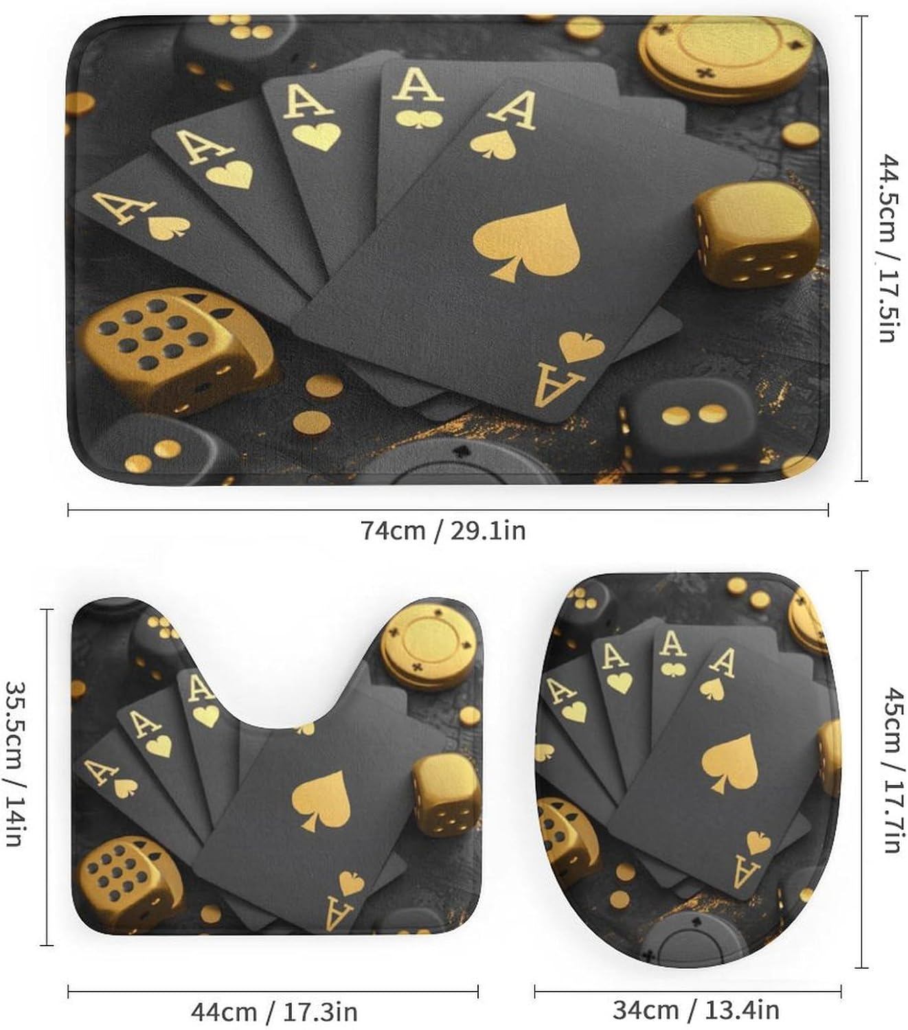 4Pcs Funny Playing Card Shower Curtain, Fantasy Money Poker Dice Shower Curtain Sets with Toilet Lid Cover, U-Shaped Mat and Non-Slip Rugs, Bathroom Decor Set, 72" x 72"