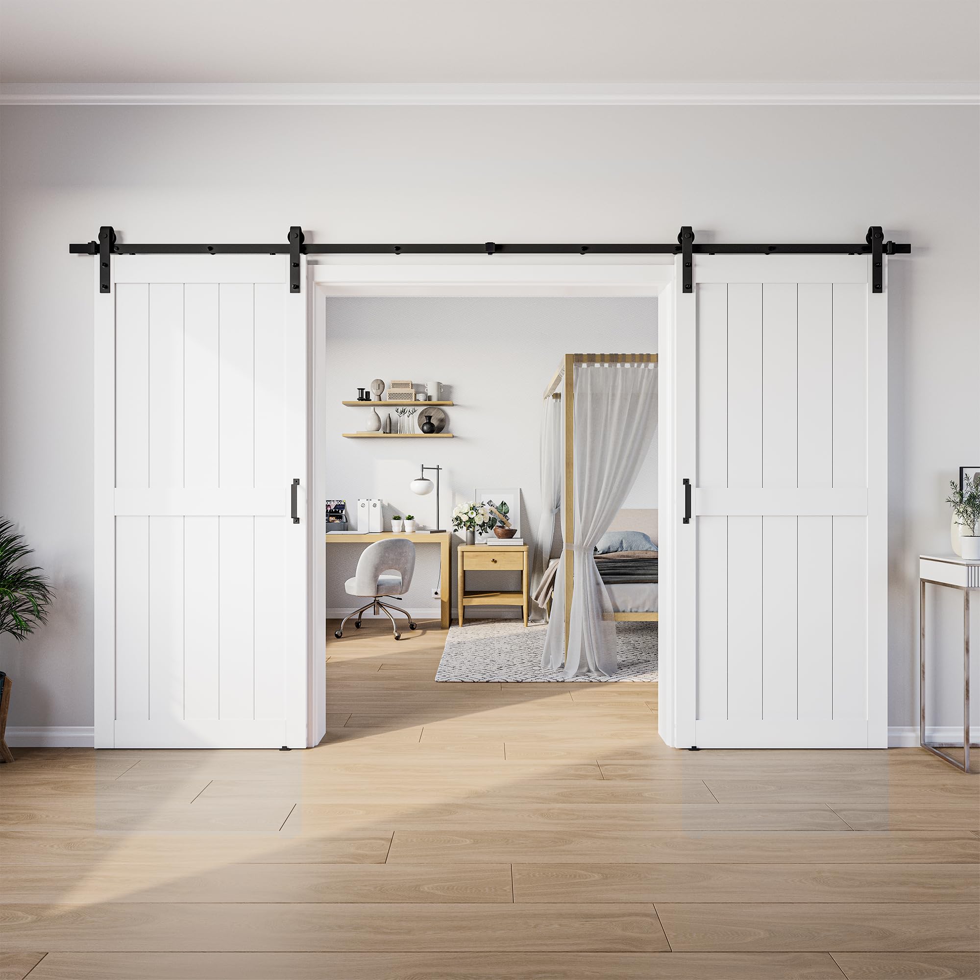 SmartStandard 68 x 84 in (Double 34x84 Door) White Barn Door with 12FT Sliding Hardware Kit & Handle, Pre-Drilled Ready to Assemble, Waterproof PVC