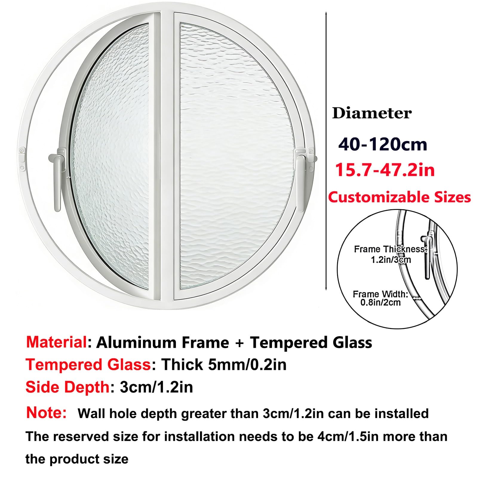 Ventana Ventana Redonda abatible de Doble Apertura, Ojo de Buey Empotrado Personalizado con Vidrio Templado, ventilación Elegante para decoración del hogar(White,101 cm/39.8 in)