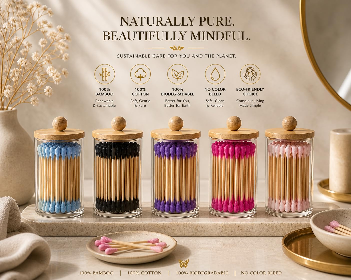 RS ESSENTIAL'S BY LV: Ästhetische Wattestäbchen, Ohrenstäbchen, Bambusstäbchen, 200 Wattestäbchen in 5 bunten Farben, Rosa