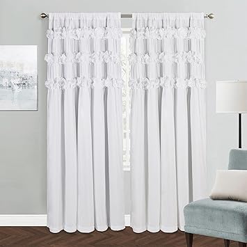 Homechoice Decor White Blackout Drapes - Handmade Ruffles & Butterfly Flower Accents Heat Blocking Window Curtain 54" x 84" x 2 Panels - Thermal Insulated, Soundproof & Light Reducing Curtains LQ-37