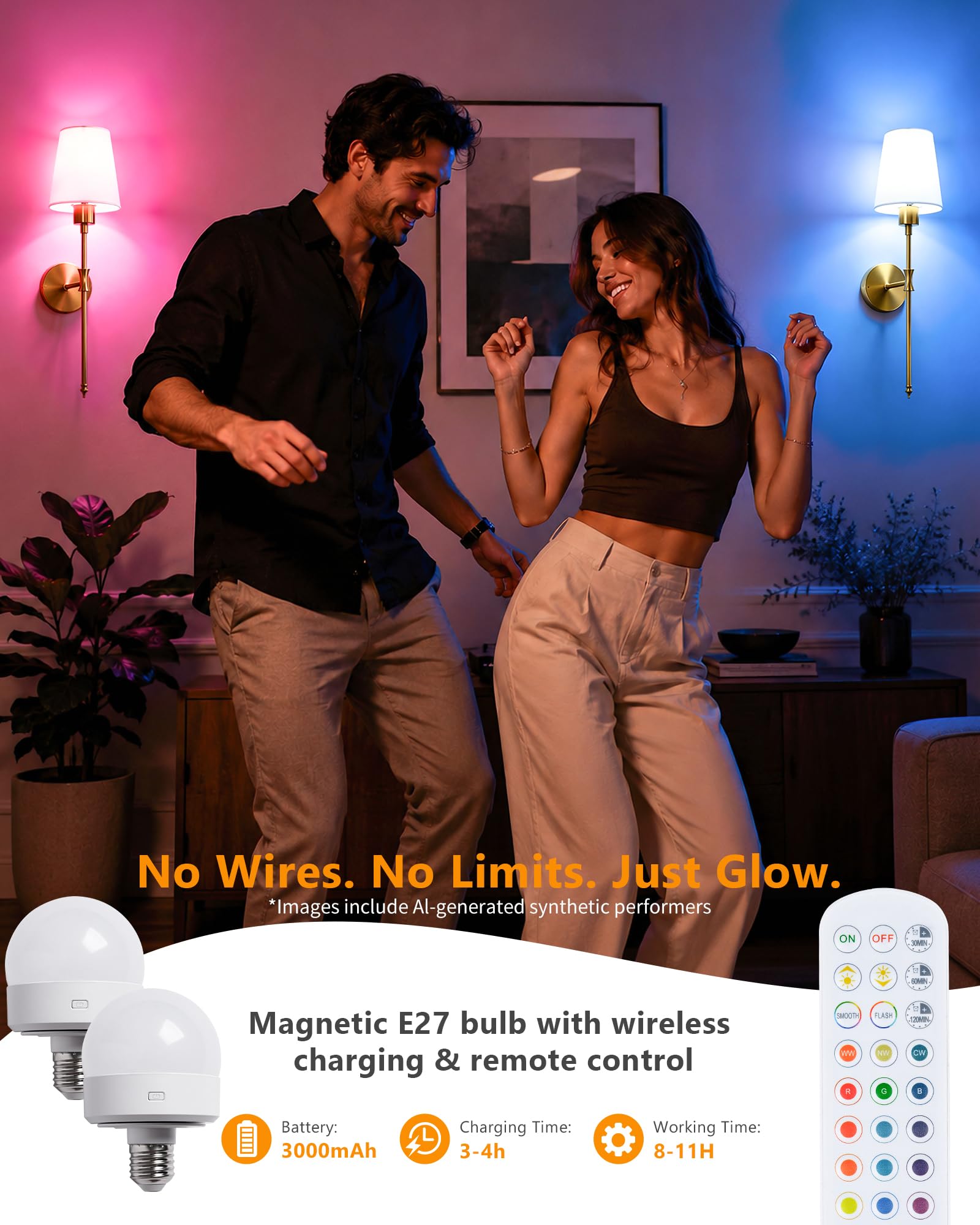 Applique Murale LED sans Fil Lot de 2, Appliques Intérieures Rechargeables, RGB & 3 Températures de Couleur, Hauteur 57 cm, Éclairage d’Ambiance pour Salon, Chambre & Chambre d’Enfant, Dorée VEYA WL04
