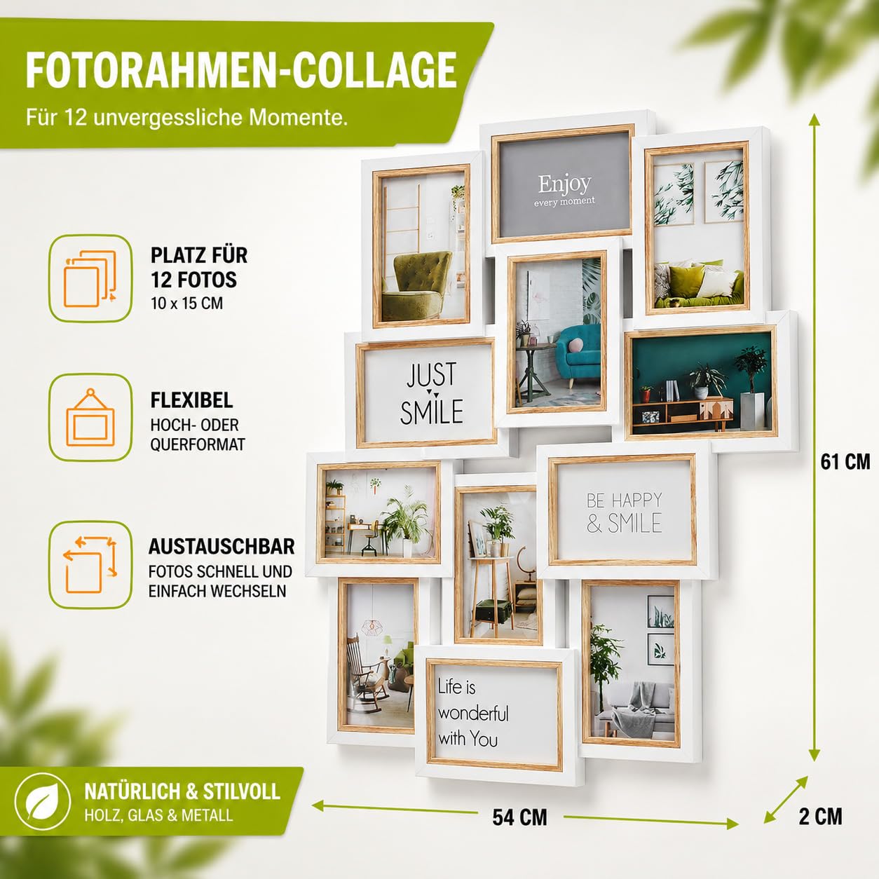 Kobolo Bilderrahmen-Collage Mehrfachbilderrahmen BIG Holz 54x61 cm Natur