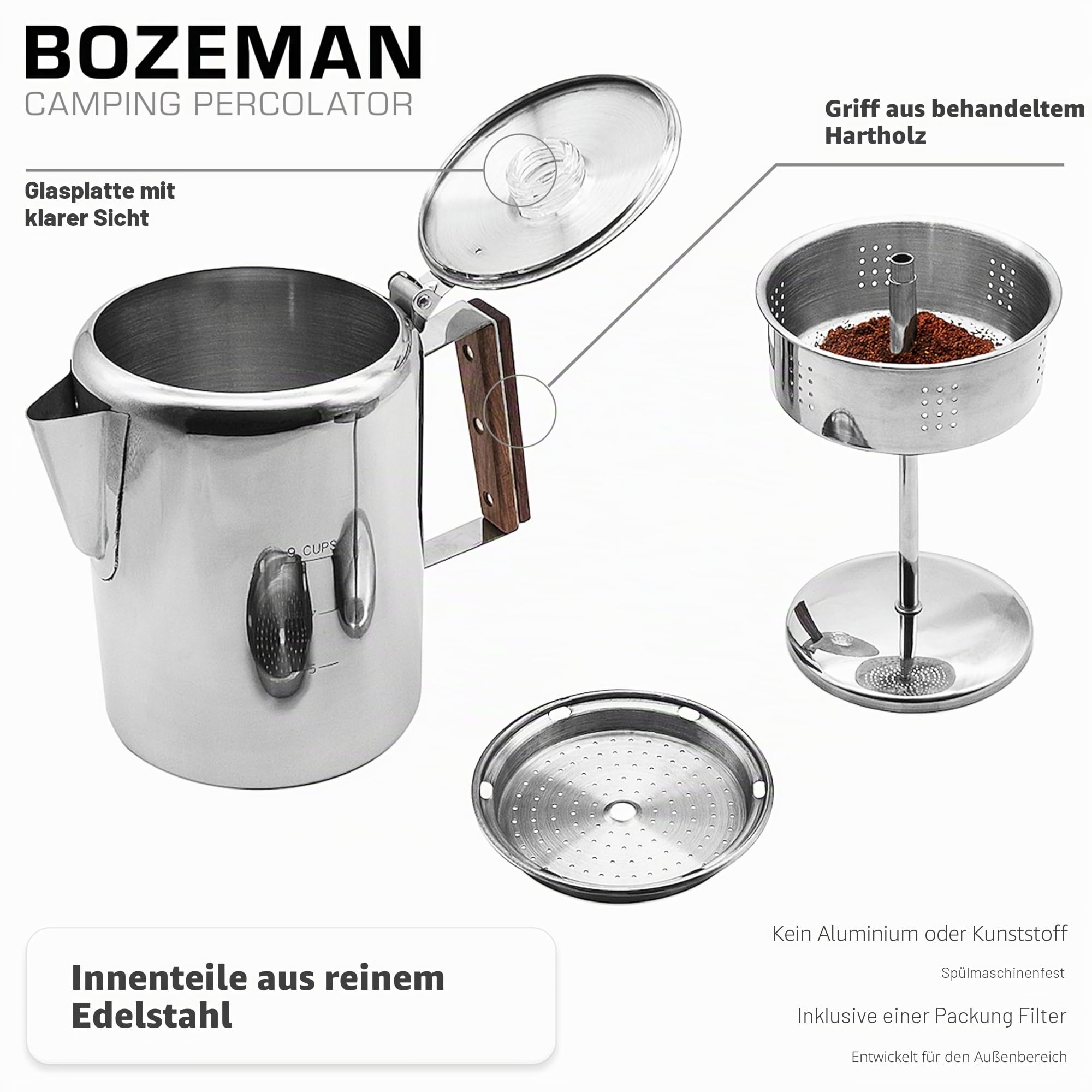 Coletti Bozeman Perkolator-Kaffeekanne – KEIN Aluminium, KEIN Plastik [9 Tassen]