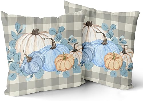 Miniatura 2 de Juego de 2 fundas de almohada de otoño de 20 x 20 pulgadas, color blanco, azul, calabaza, hoja de eucalipto, gris, búfalo, a cuadros, fundas