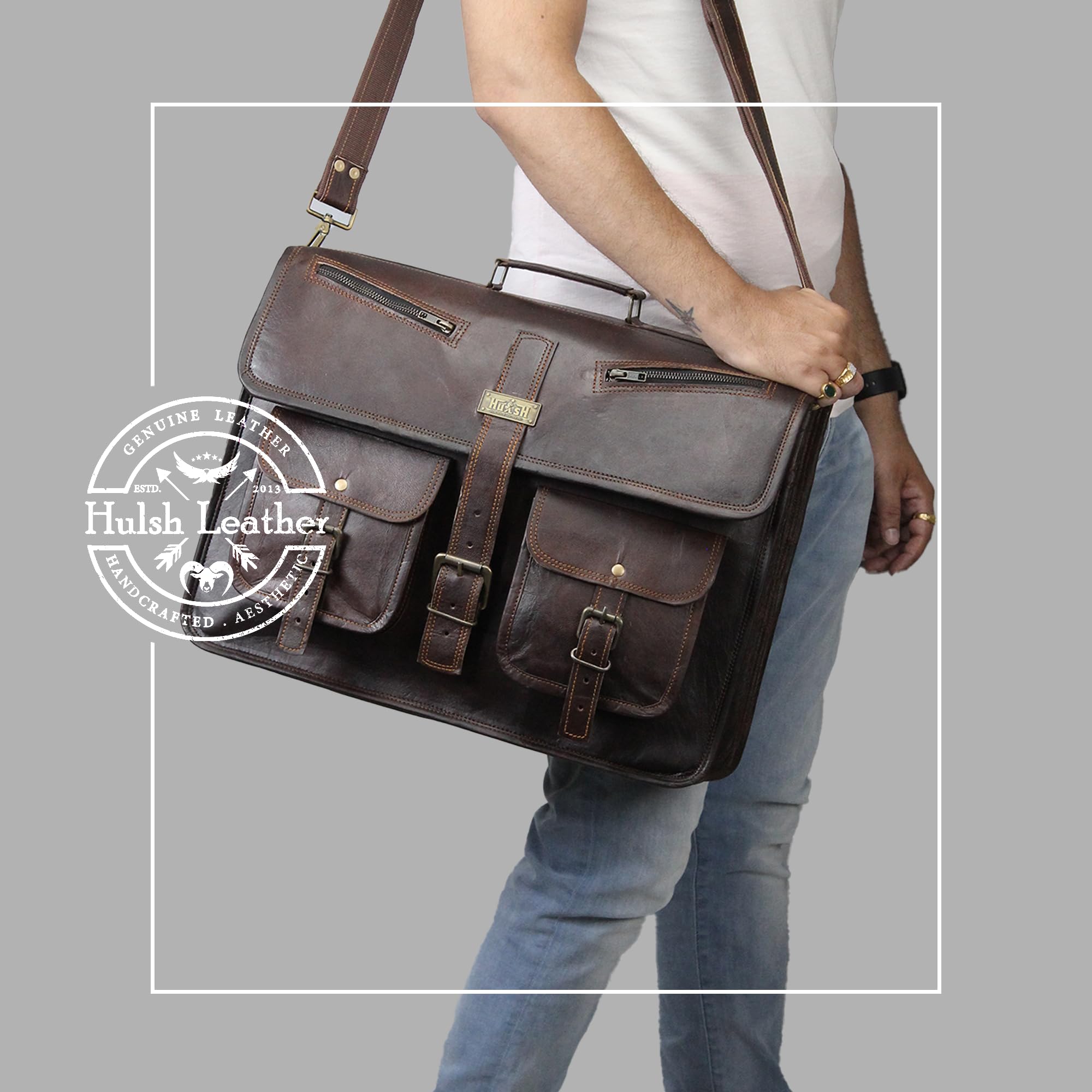 HULSH Leather Messenger Bag for Men and Women in 18 Inch | Best Laptop Briefcase Satchel with Adjustable Strap | Genuine Leather Handmade Computer Shoulder Bag for Business, Office, Travel