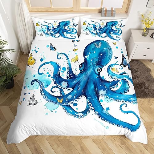 Juego de funda de edredón de tentáculos de pulpo azul verdoso, tamaño Queen, diseño de animales marinos marinos y marinos, para niños, adolescentes,