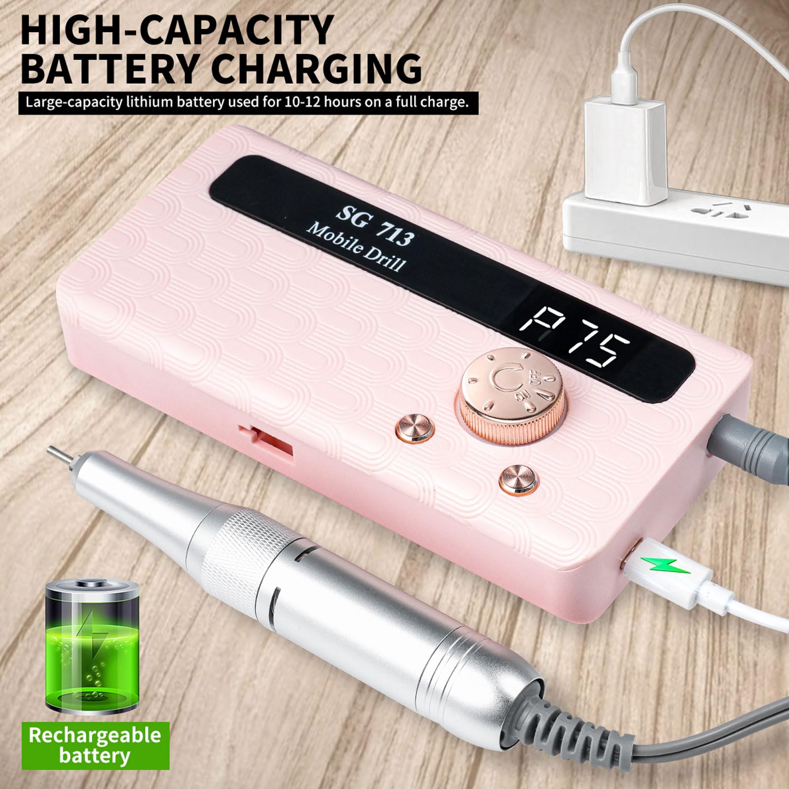 Fresa per Unghie Professionale, 45000 RPM, Lima Elettrica Portatile con 13 Punte e 56 Fasce Abrasive, Schermo LED, Ultra Silenziosa, Ricaricabile, per Unghie Acriliche, Lucidatura Gel (Rosa)
