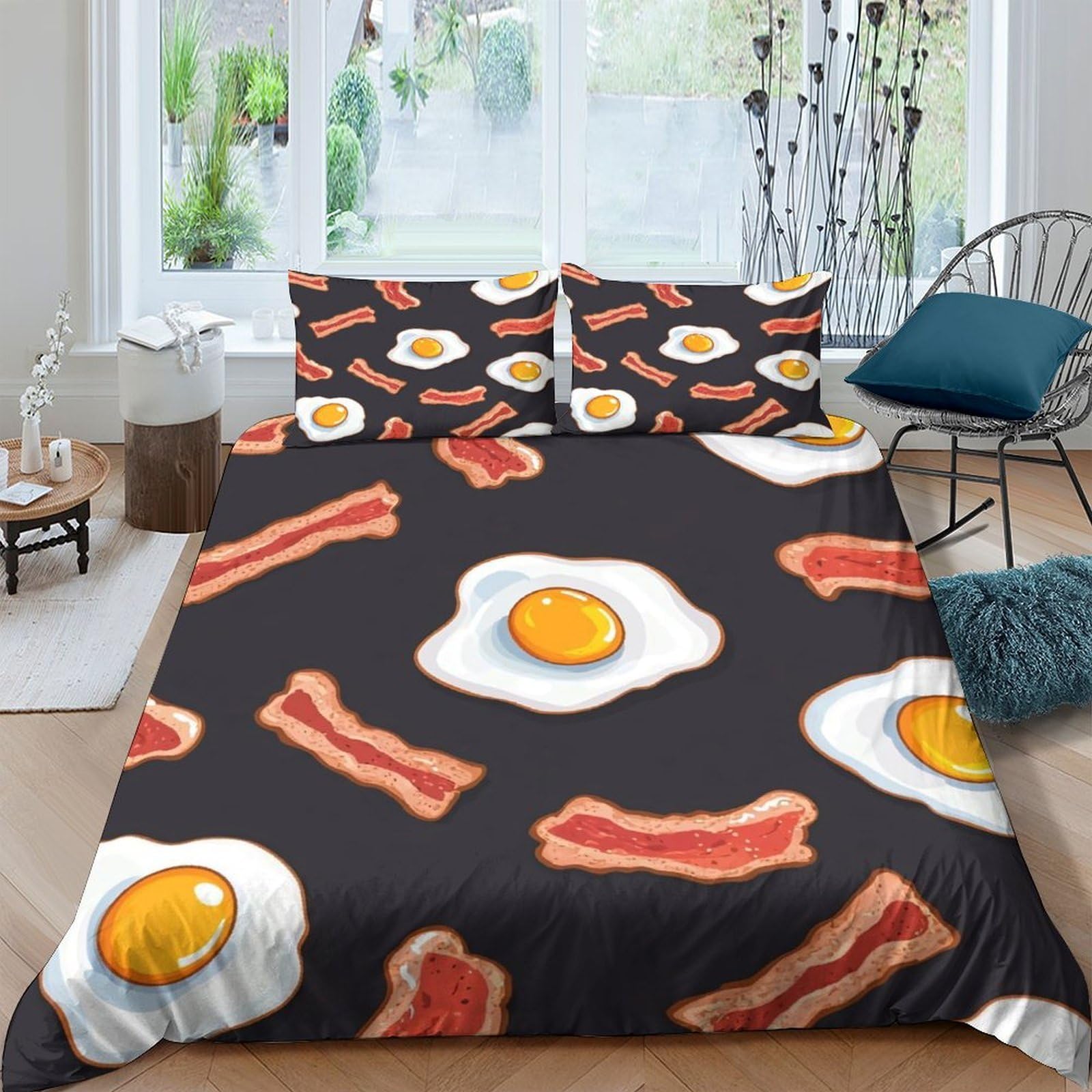GPLZQXKJNH 3D Printed Fried Egg Bacon Duvet Cover Set Microfiber Soft Breathable Black Bedding with 2 Pillowcases for Bedroom Decor Single（135x200cm）