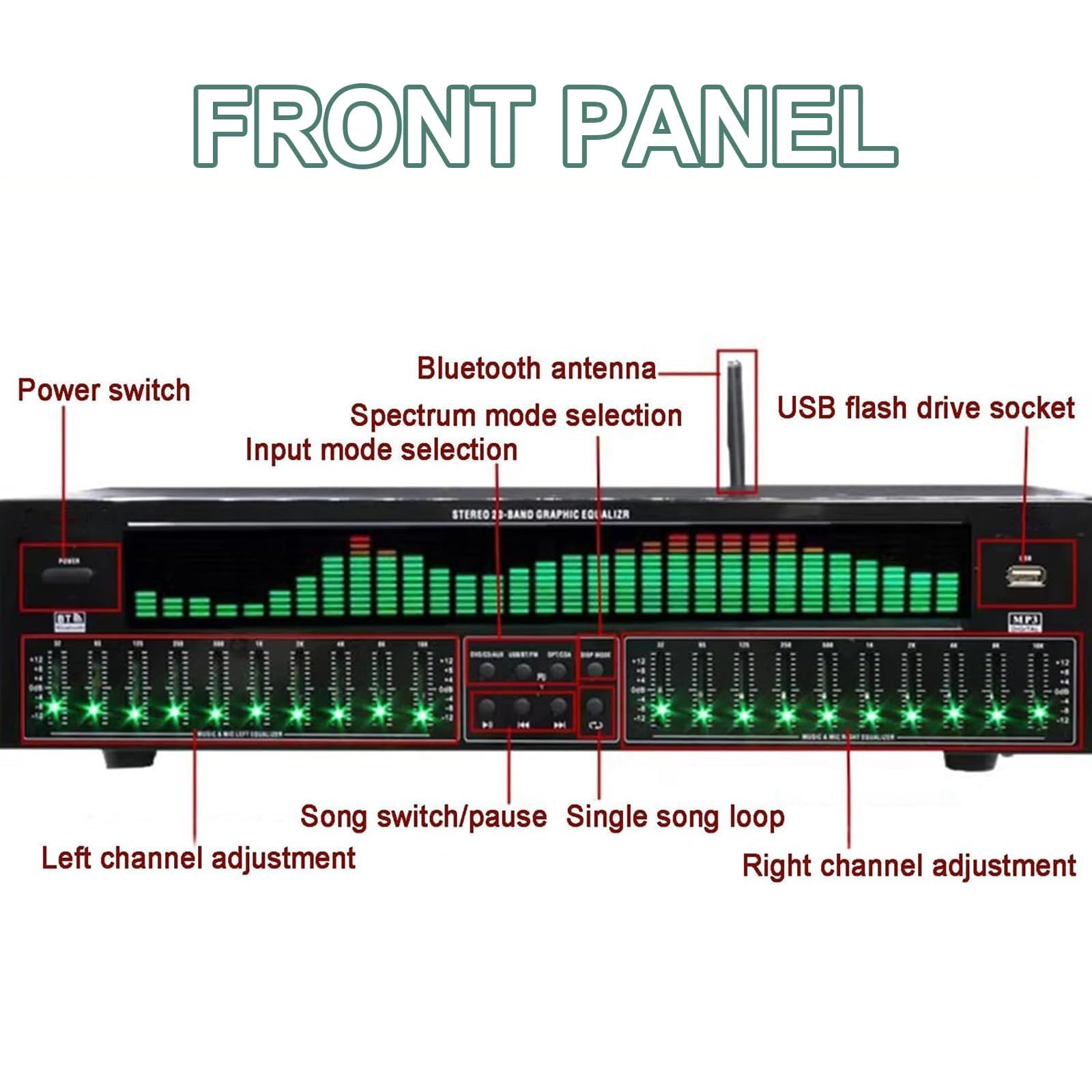 Égaliseur audio professionnel 31 bandes avec réduction du bruit, affichage du spectre dynamique, 12 modes de rythme et télécommande pour concerts et studios d'enregistrement