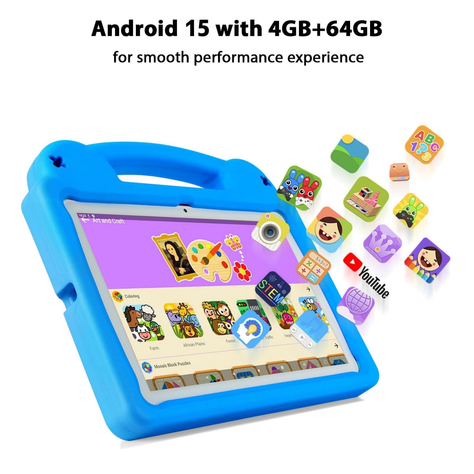 Tablet per bambini, Android 14 da 10 pollici, Octa-core, 8 (4+4) GB di RAM, 64 GB di ROM, IPS HD 1280 x 800, tablet per bambini, WiFi 6, GMS, controllo genitori, contenuti per bambini e protezione
