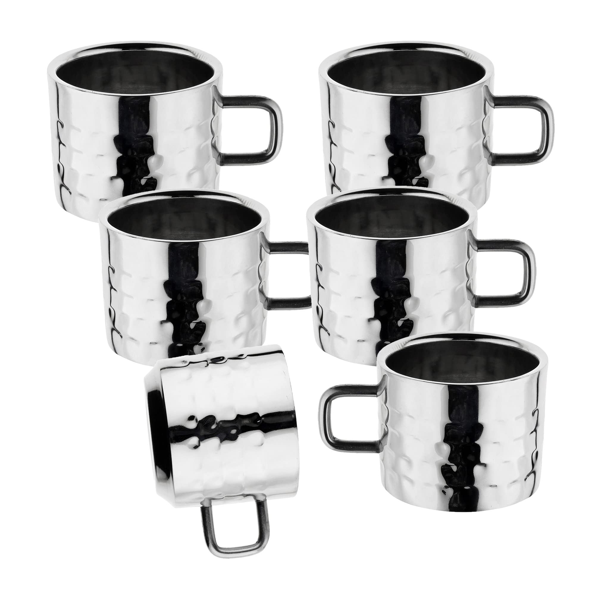 Stainless Steel Double Wall Hammered Tea Cup Set, Set of 6, Box Packing.