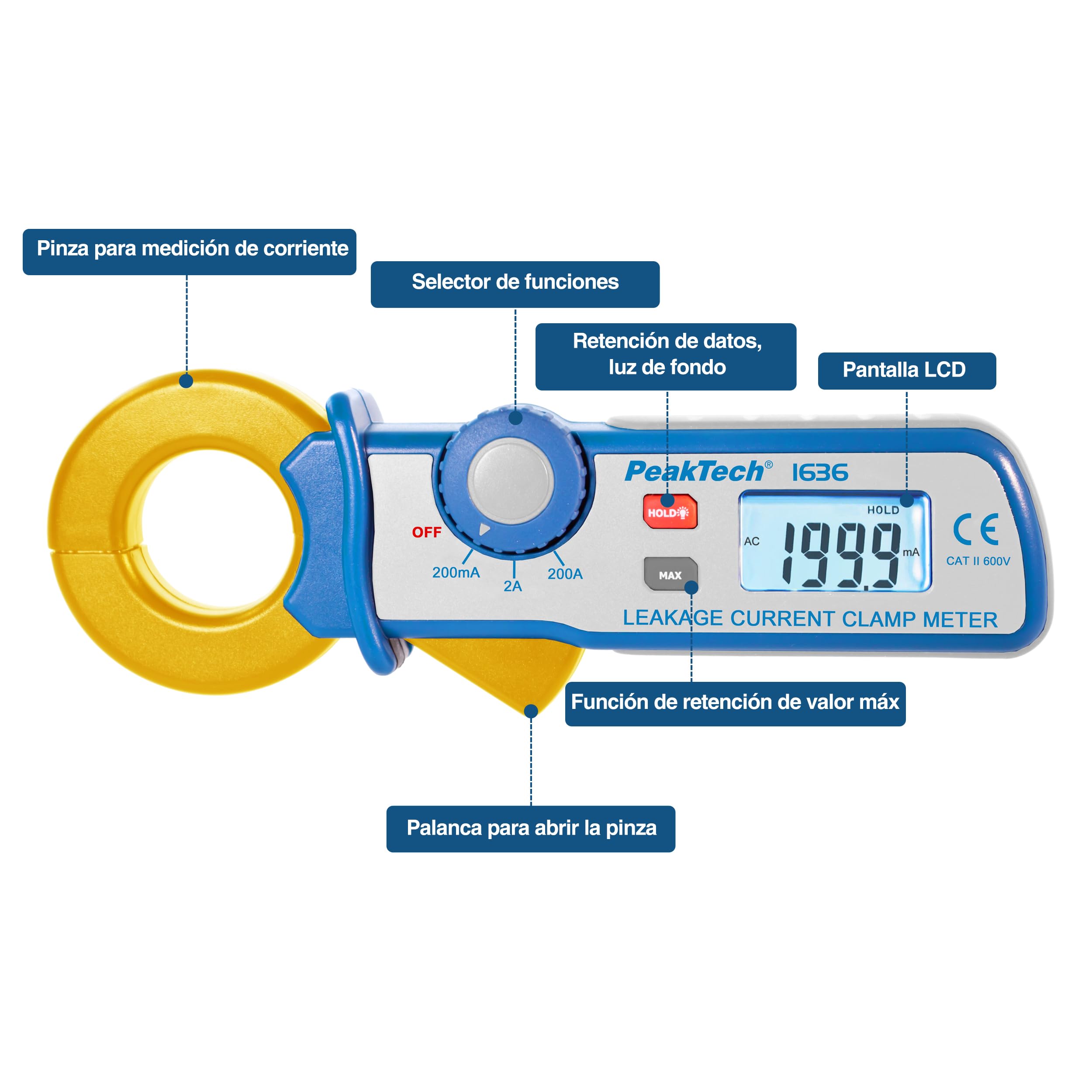PeakTech 1636 Pinza de Corriente de Fuga AC 200A, 100 µA Resolución, Pinza Amperimétrica Profesional, Detector de Fugas Eléctricas, LCD, CAT II 600V