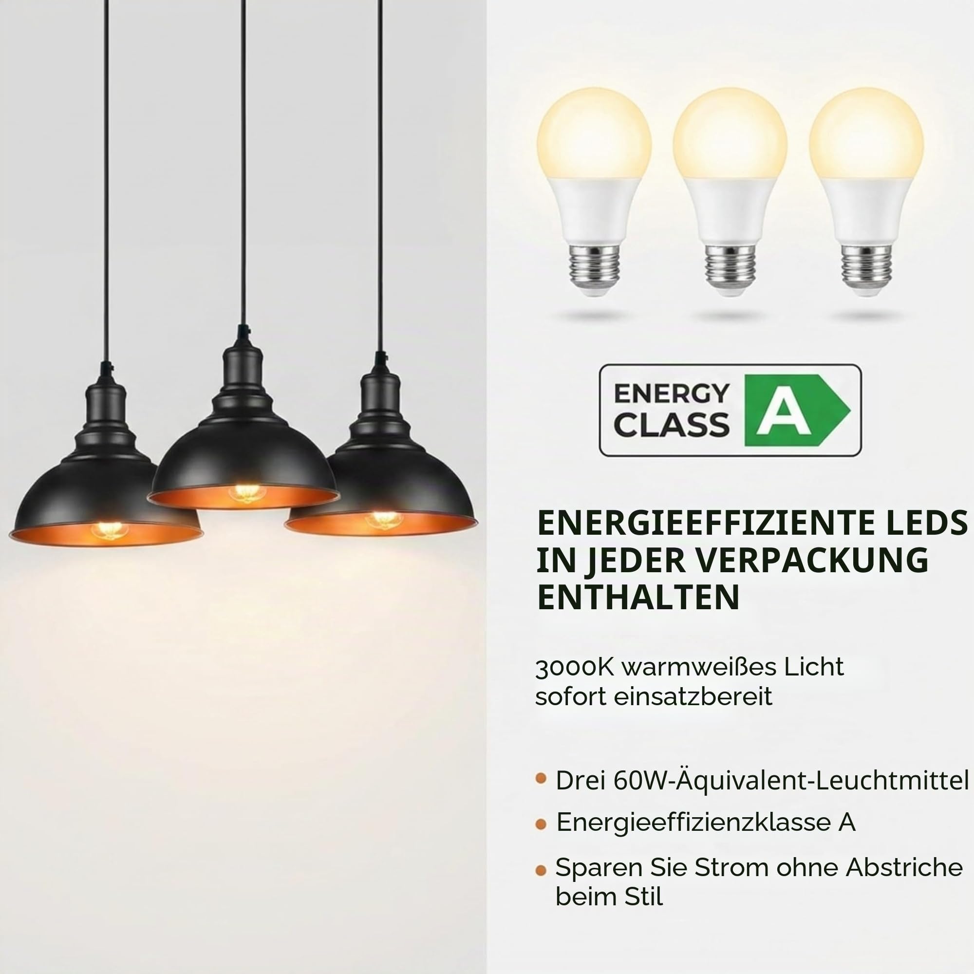 LEDSone Industrielle Pendelleuchte mit drei Köpfen, verstellbares Kabel, 95 cm, Metall-Lampenschirm, Retro-Industrie-Decke, E27-Fassung für Küche und Restaurant (Schwarzes inneres Gold)