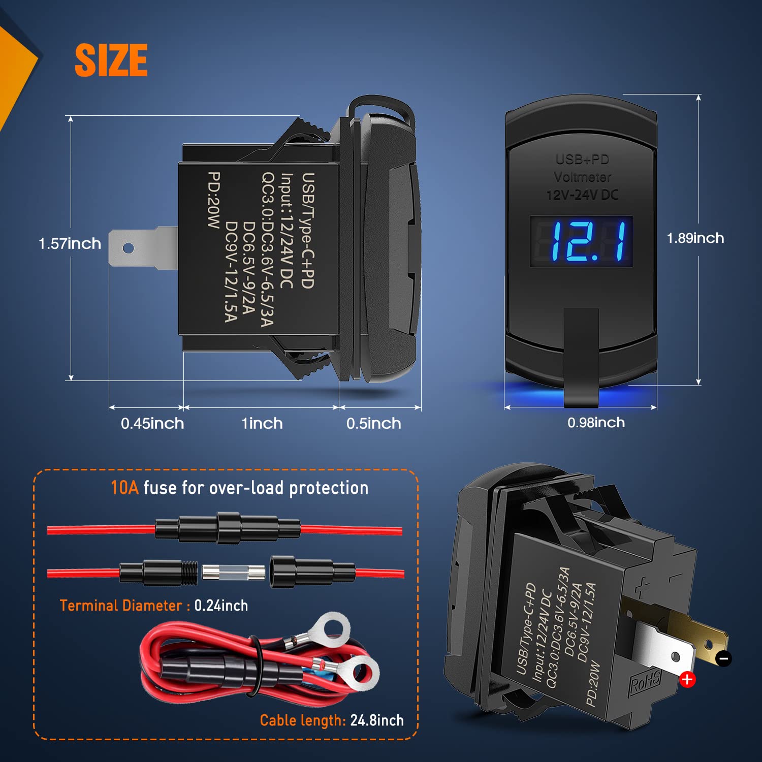 Nilight Rocker Switch Style USB Outlet LED Voltmeter Quick Connector 12V PD Type C and USB QC 3.0 Cars Replacement with Inline Fuse for Switches Panel on Boats RV Truck Car