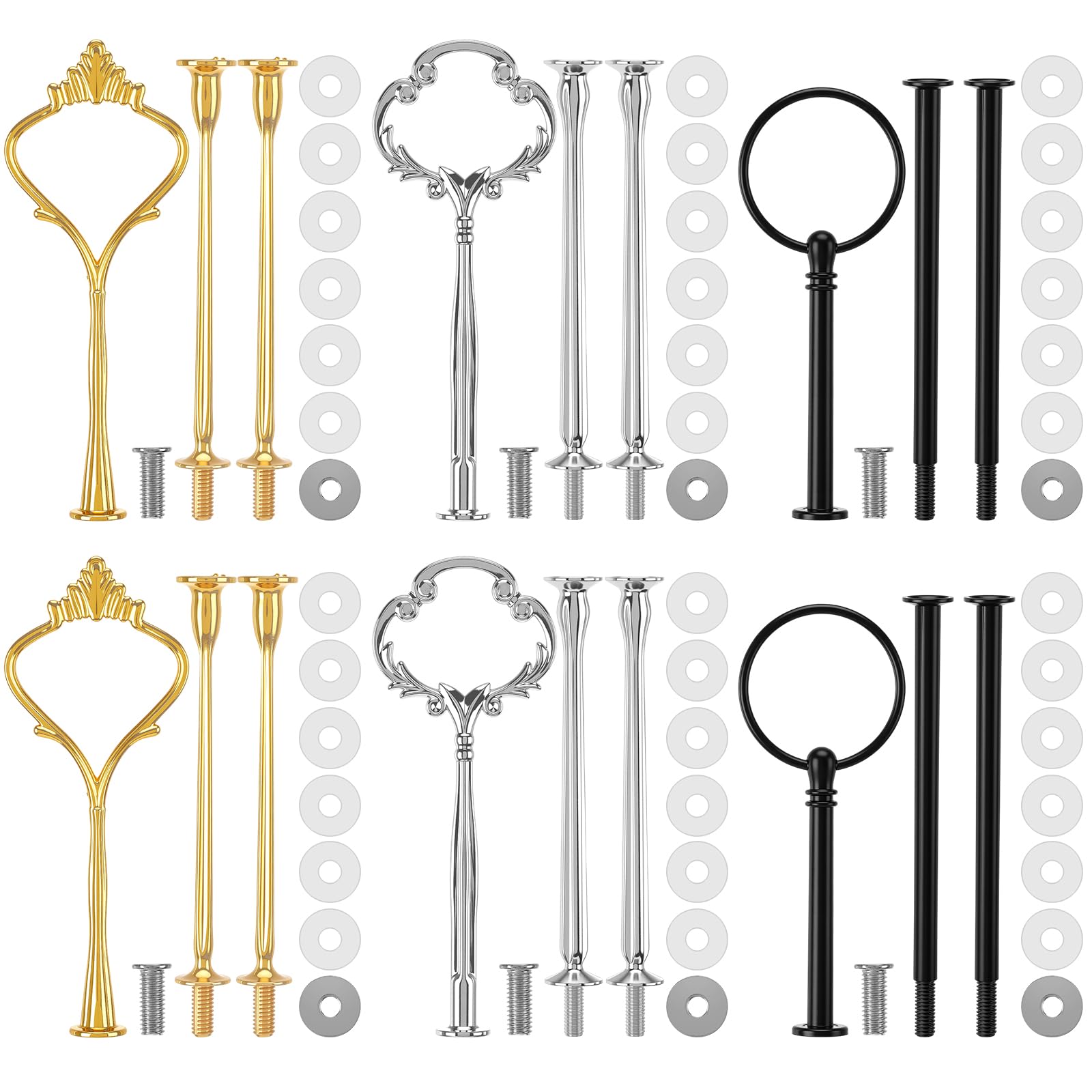 Patelai 6 Sets 3 Tier Cake Stand Hardware Tiered Tray Plate Hardware Kit Heavy Metal Cake Fruit Food Plate Stand Fitting Stacking Kit for Serving Dessert Cupcake Dish Food (Cute,Black,Silver,Gold)