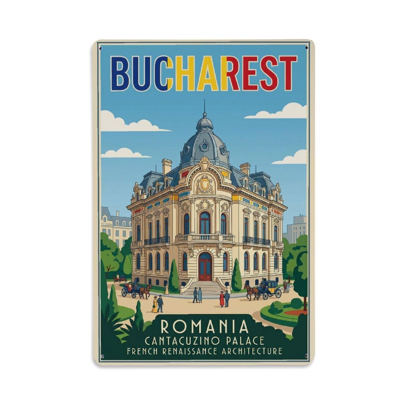 Vintage Travel Bucharest Cantacuzino Palace Clean Romania Metal Tin Sign Plaque Wall Decor for Cafe, Club Bar, Office, Home Garden Metal Poster 8x12Inch