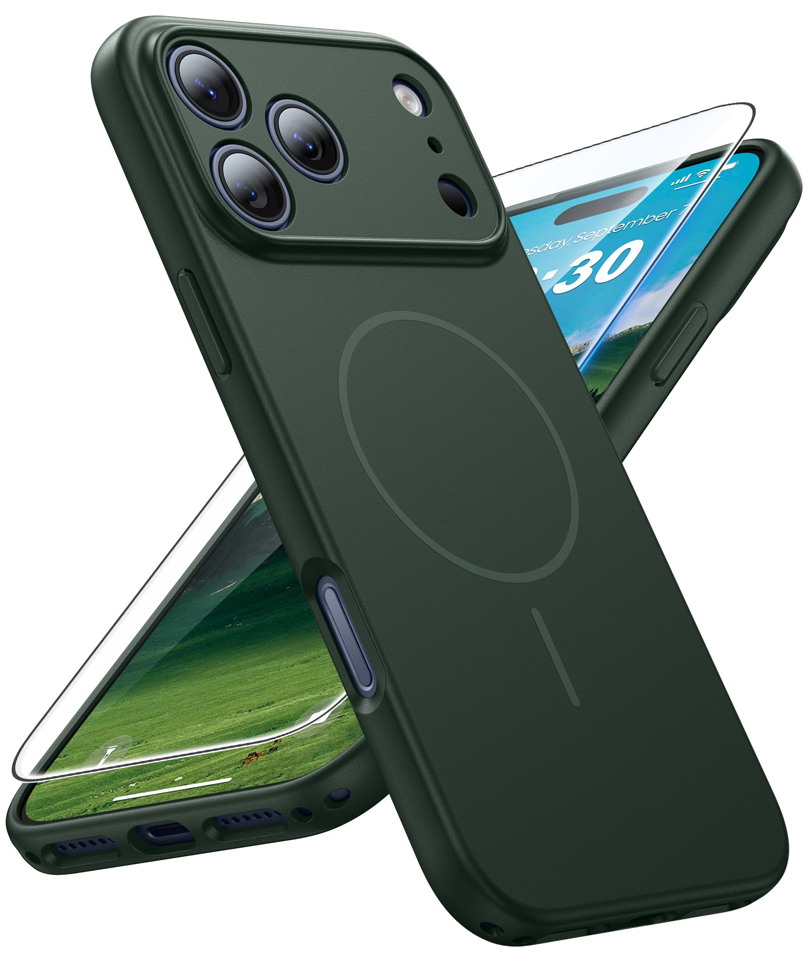FNTCASE for iPhone 17 Pro Case: Matte Compatible with MagSafe | Full Camera Protection Magnetic Cases With Screen Protector, Military Grade Drop Tested, Shockproof Slim Phone Cover, Green